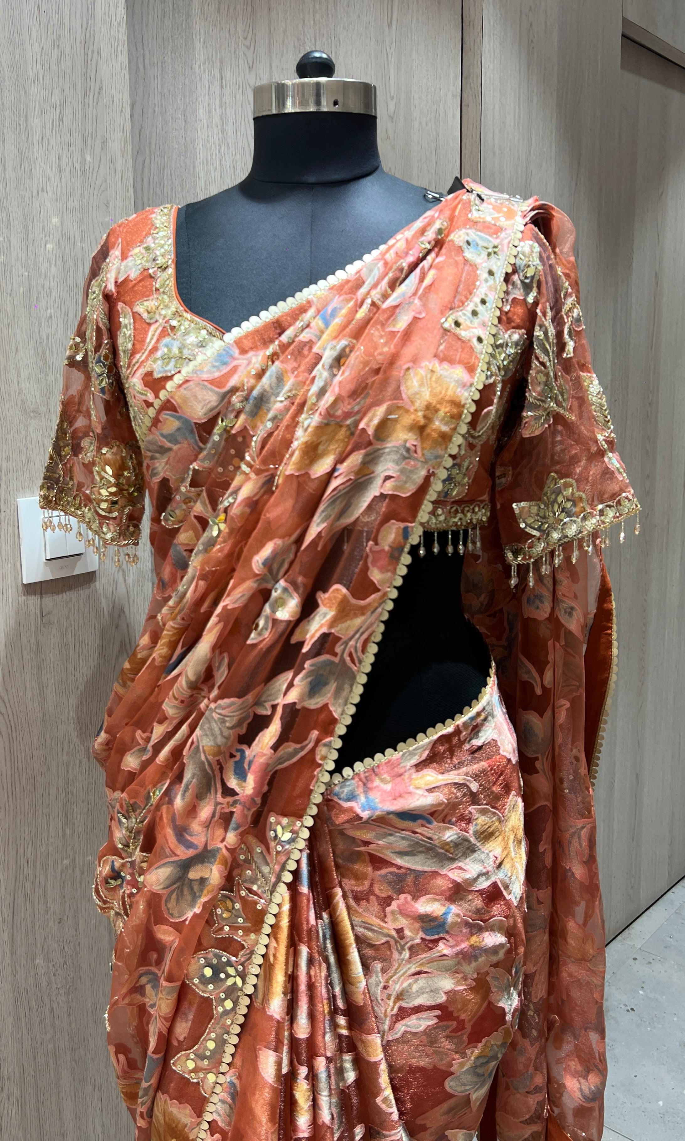 Rust orange saree with ready blouse