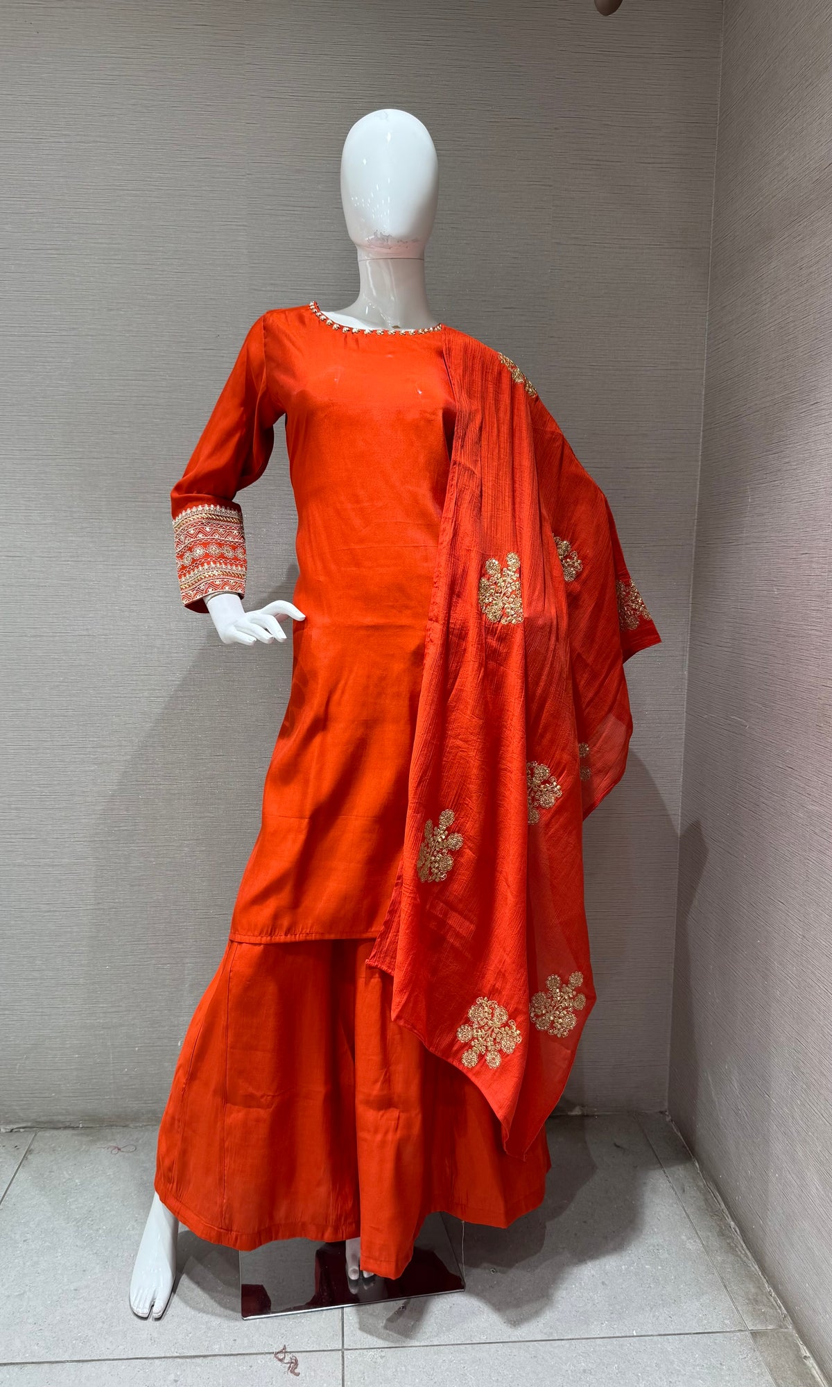 Rust chanderi silk Kurta set with Flared Dupatta