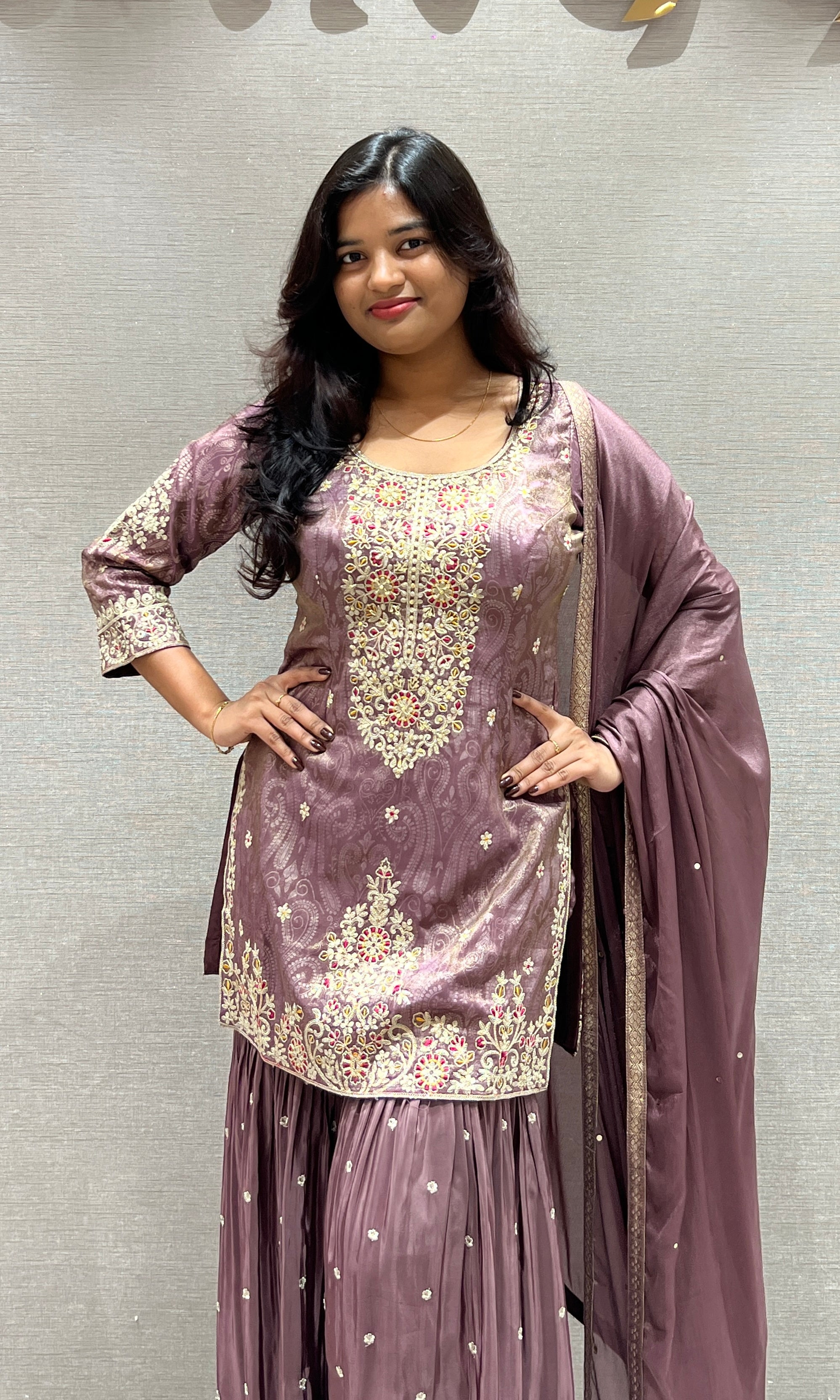 Purple Sharara Set with Golden Embroidery