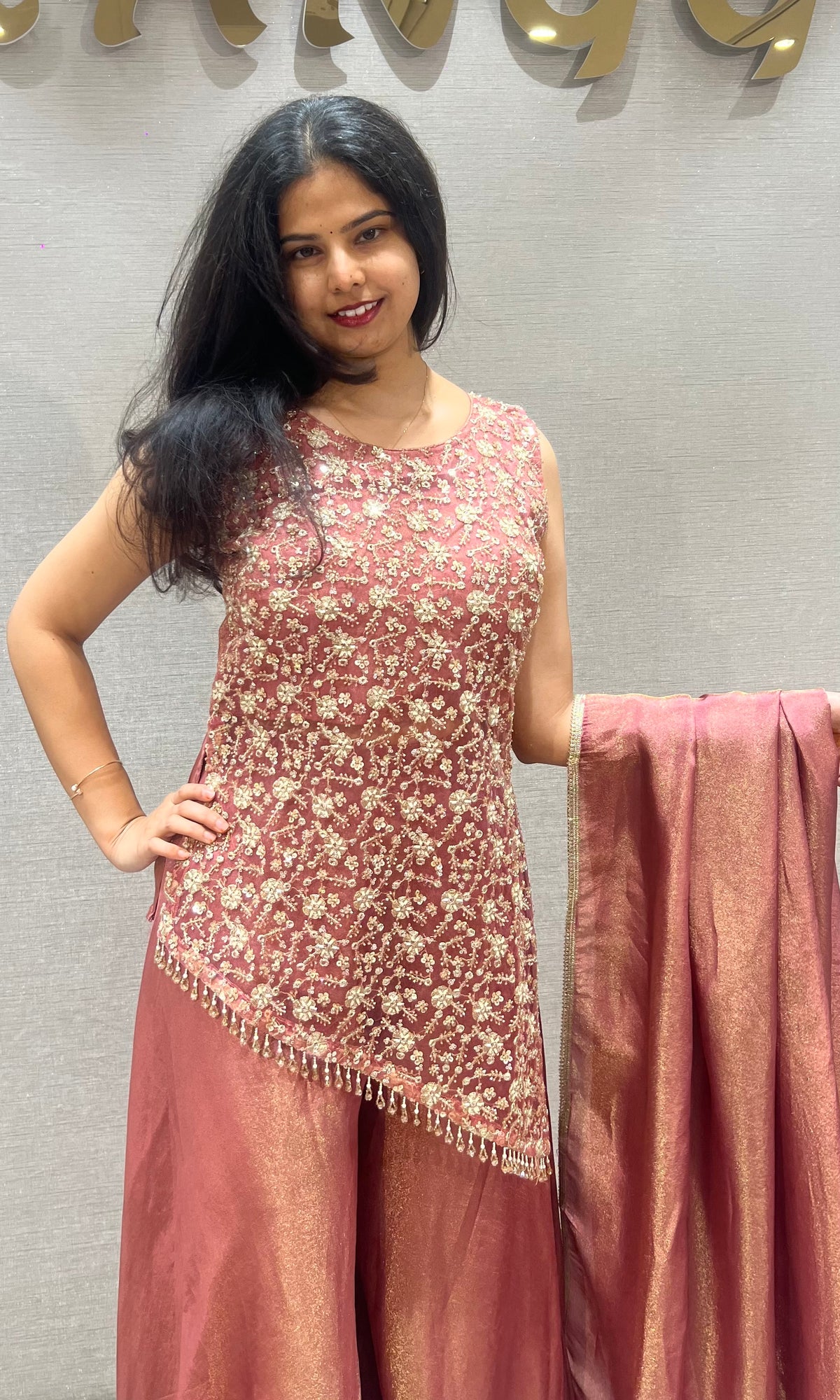 Rust Shimmer Floral Palazzo set with Dupatta