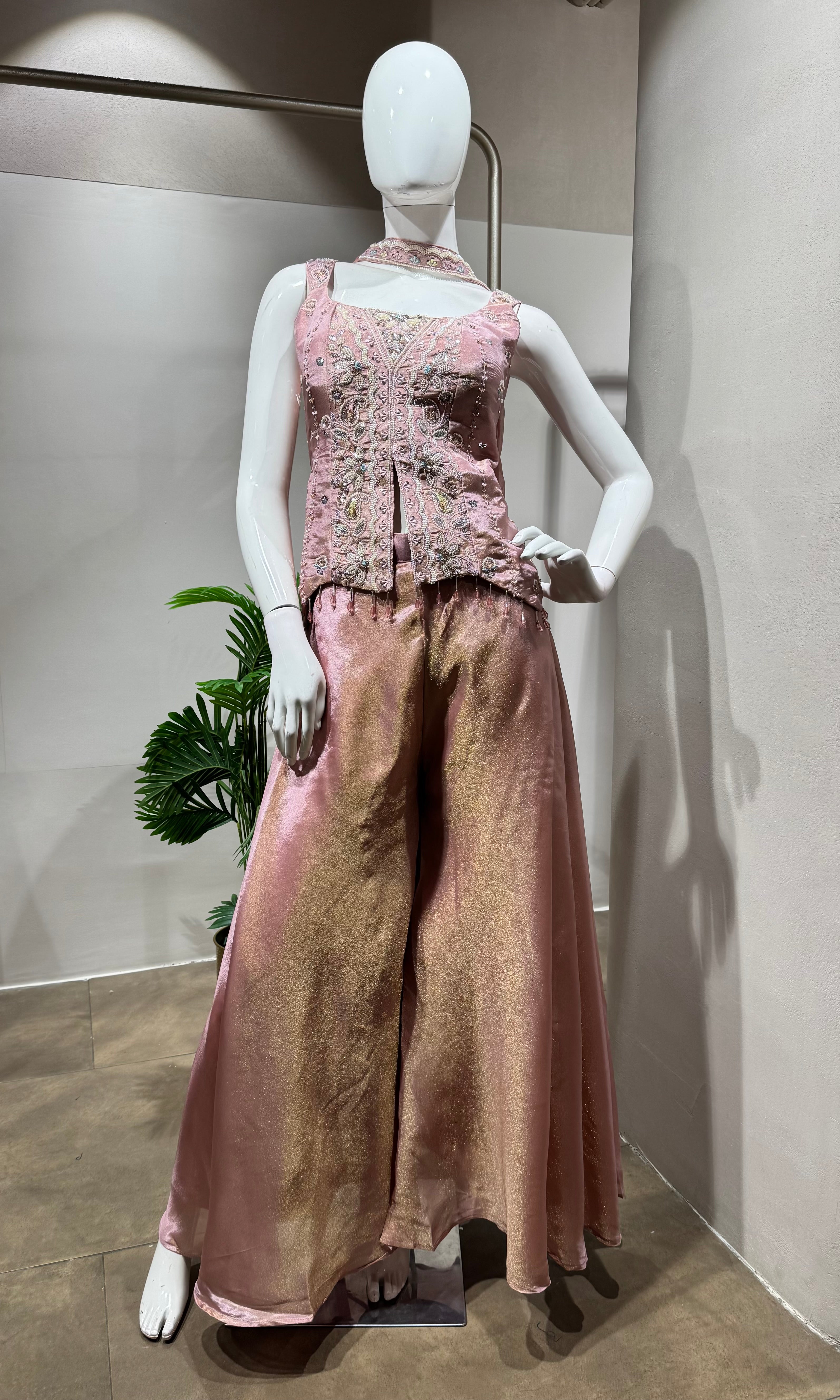 pink shimmer tissue short blouse palazzo set