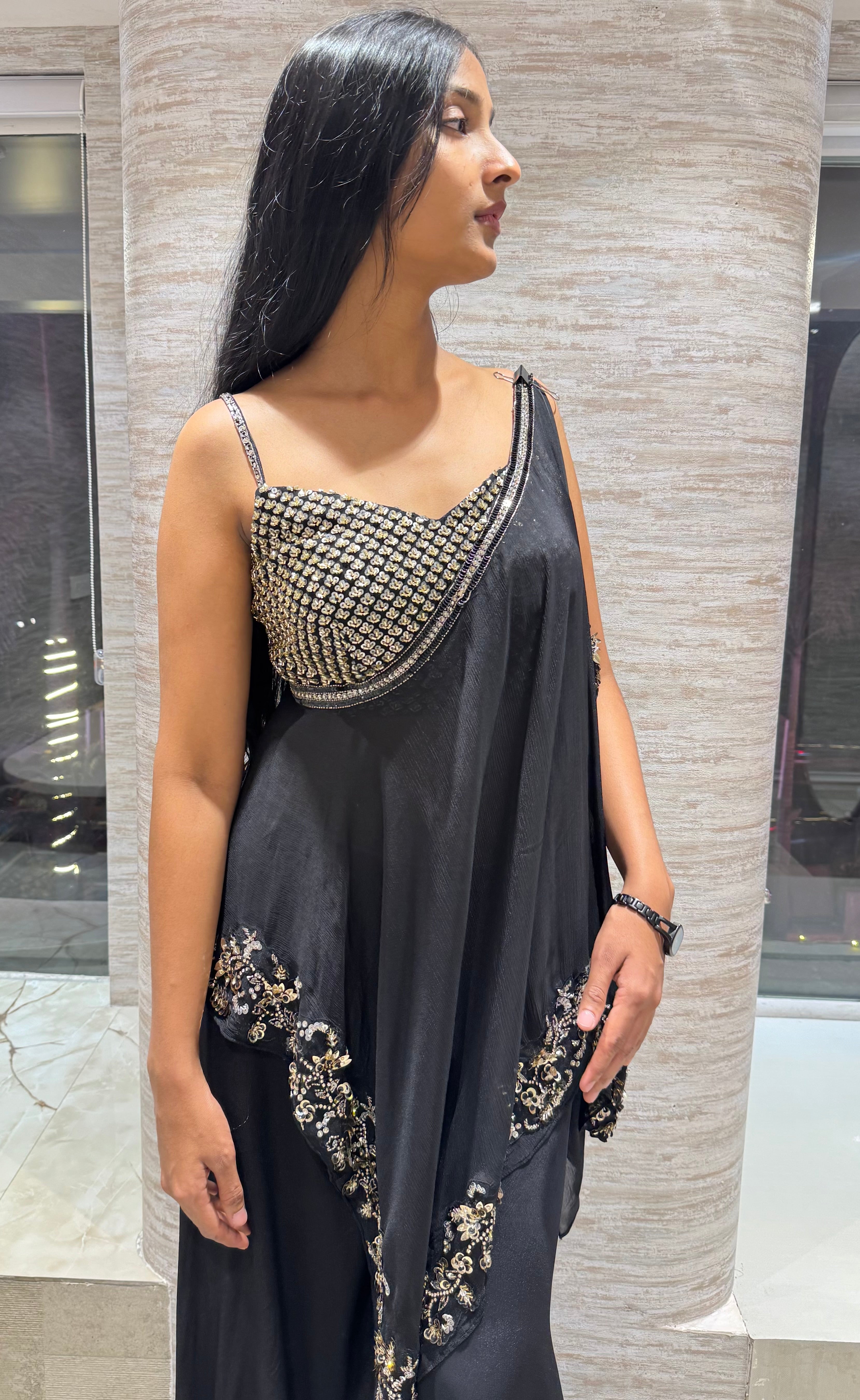 Black gold sharara with asymmetrical blouse