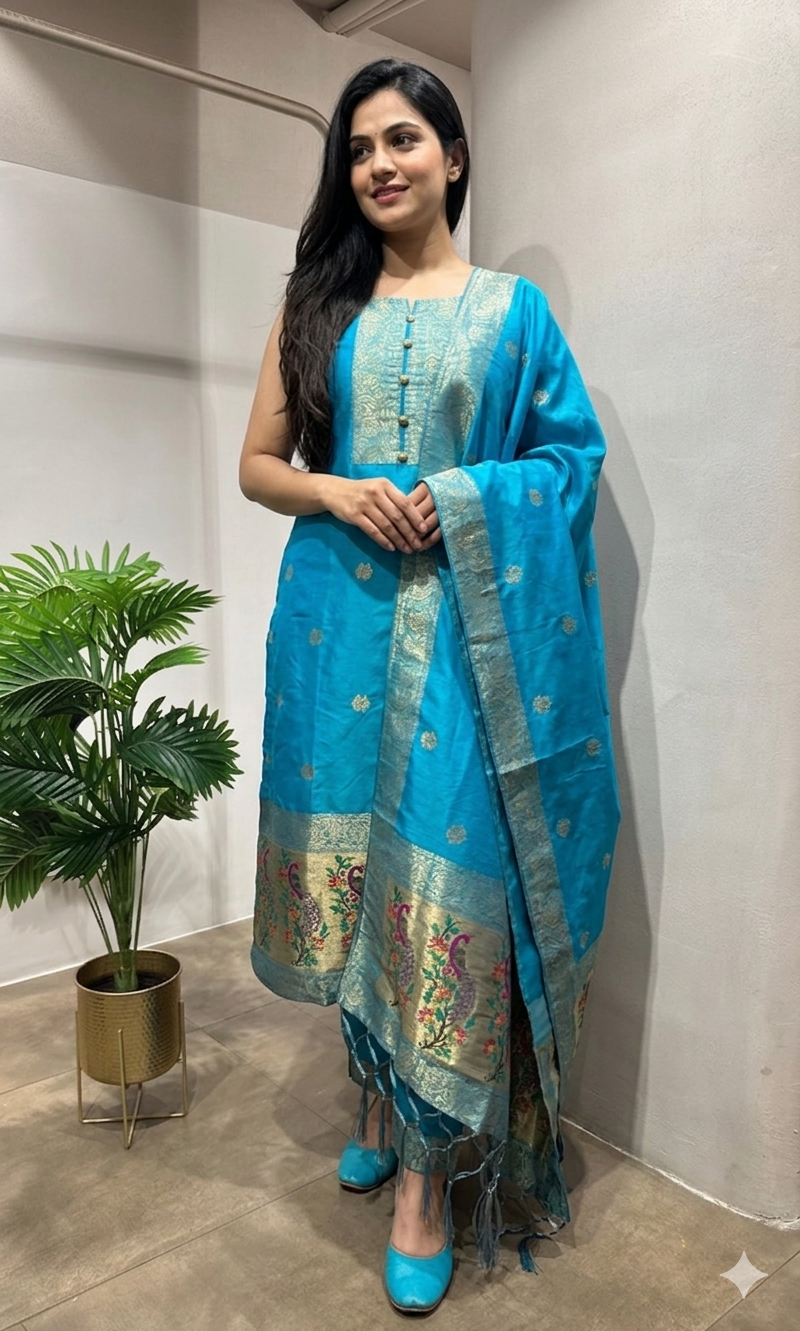 Rama Blue Embroidered Kurta with Dupatta