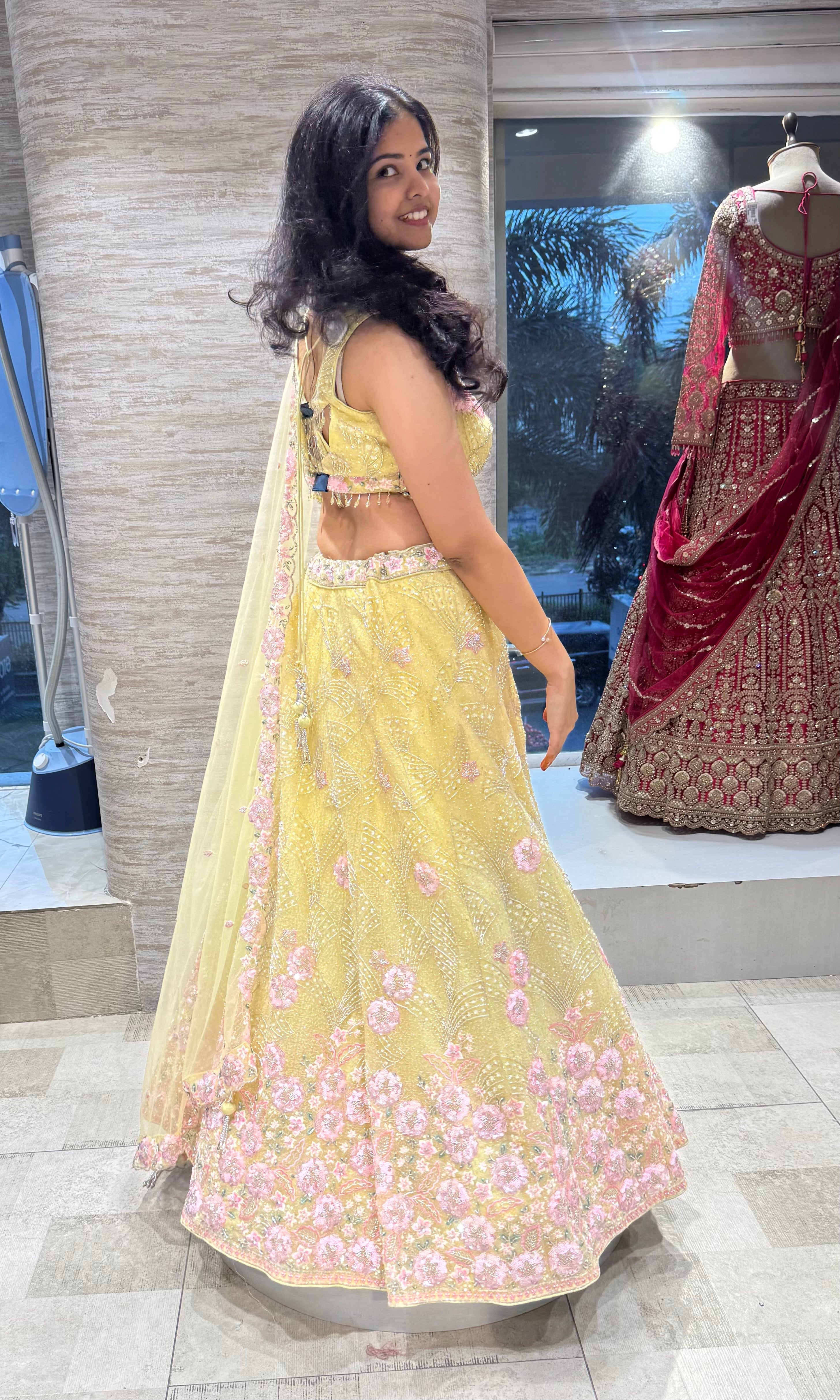 Yellow Embroidered Lehenga Set with Pink Floral