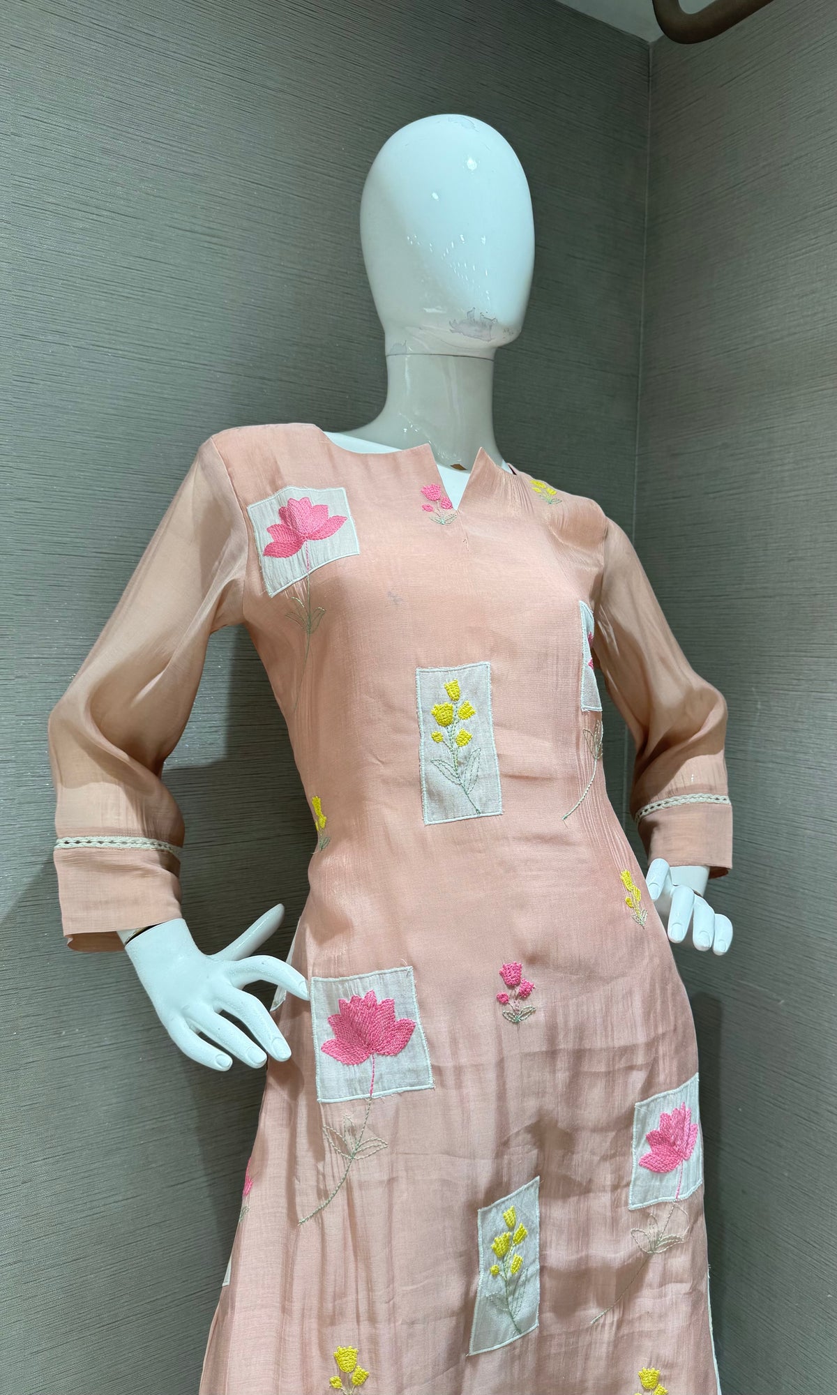Blush Pink Floral Patchwork Kurta Set with Dupatta