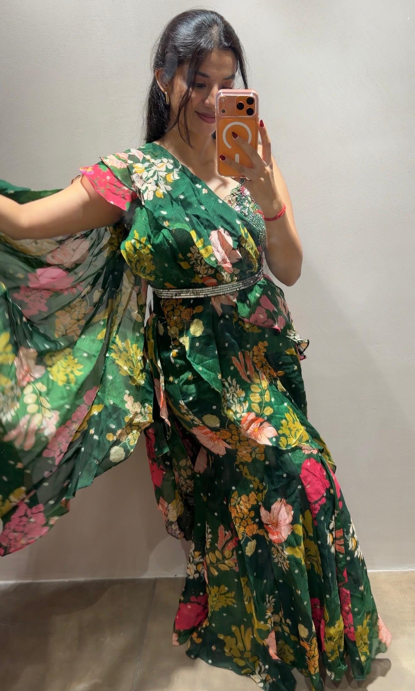 Green MULTI FLORAL drape saree