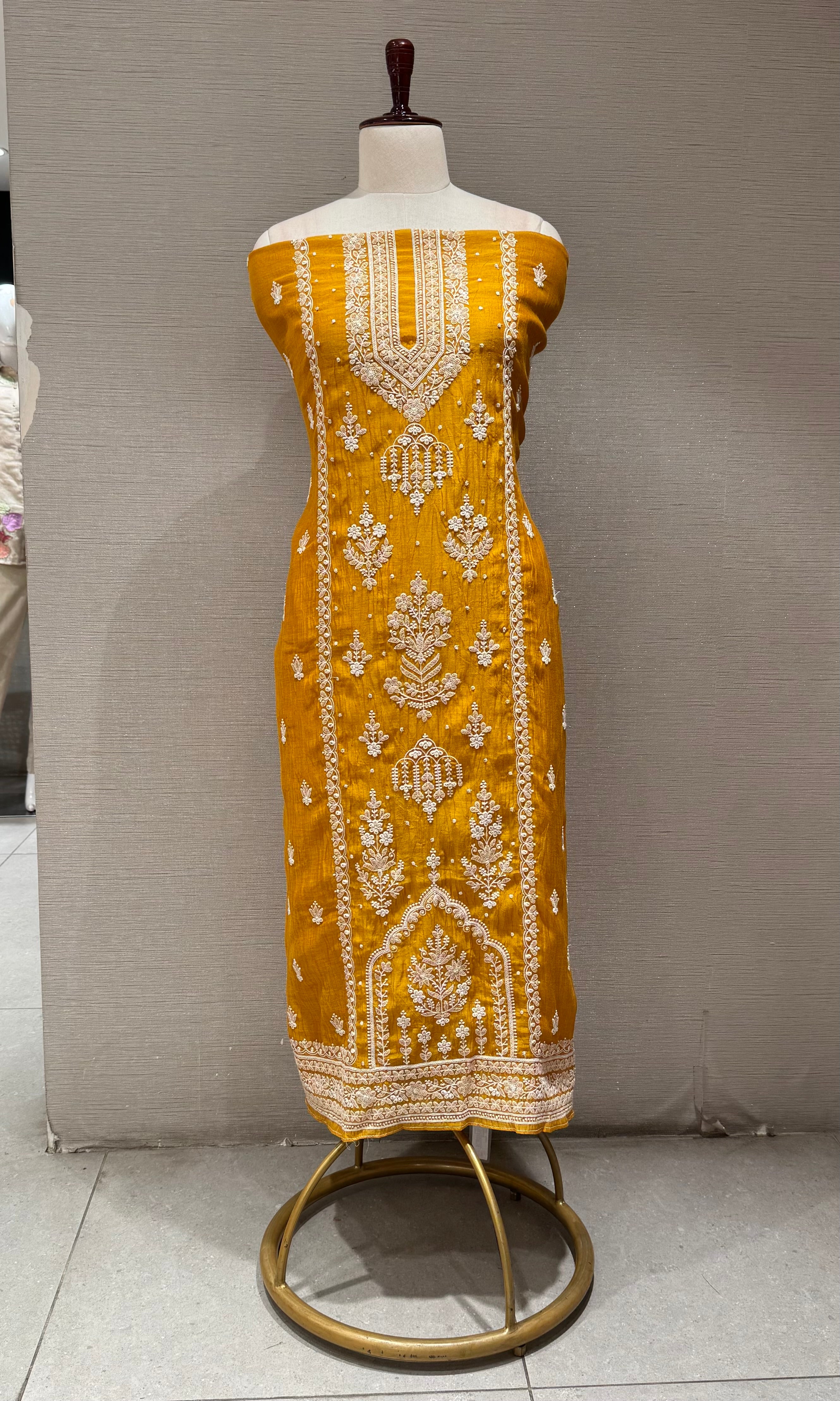 Mustard Yellow Embroidered Silk Dress Material Set