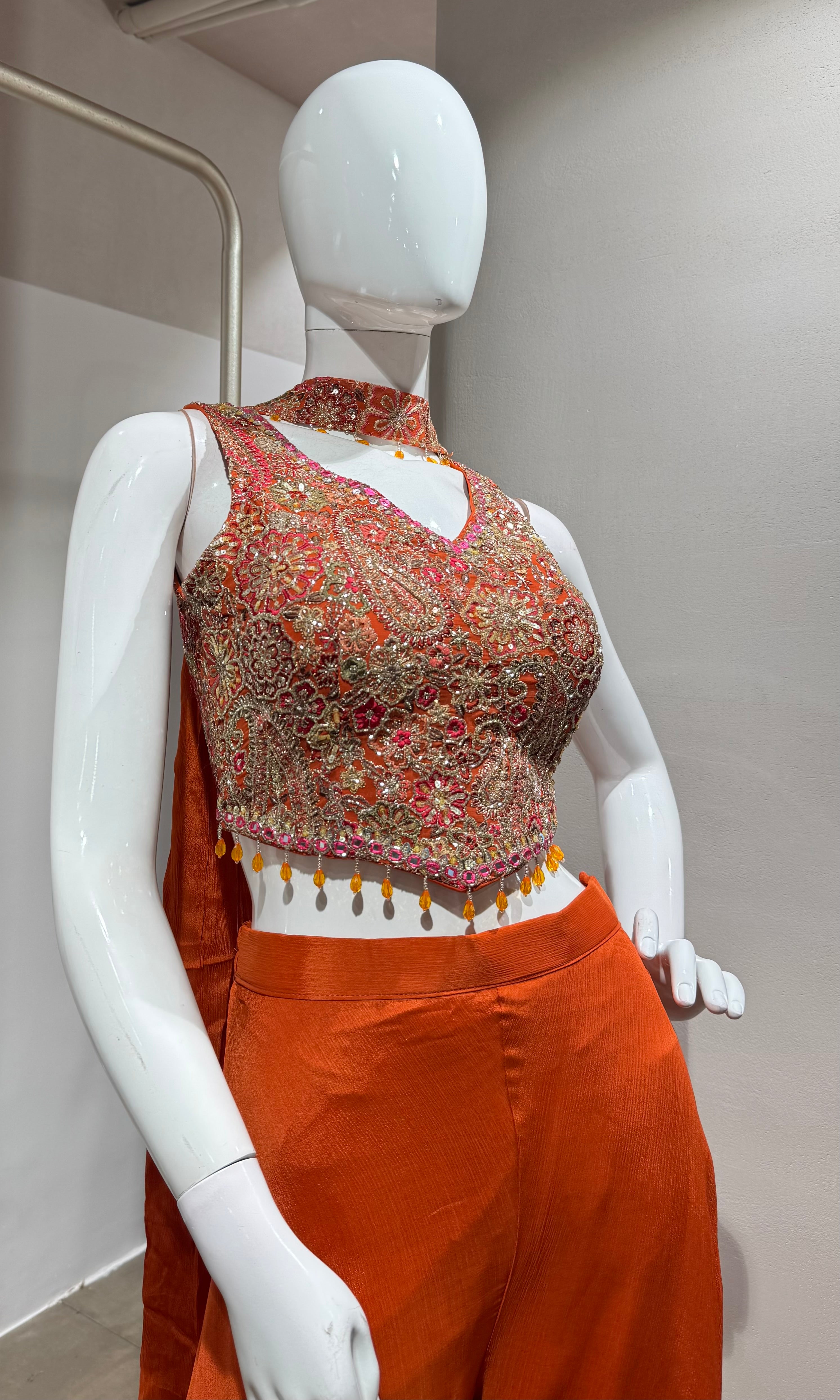 Rust Orange Embroidered Palazzo Set