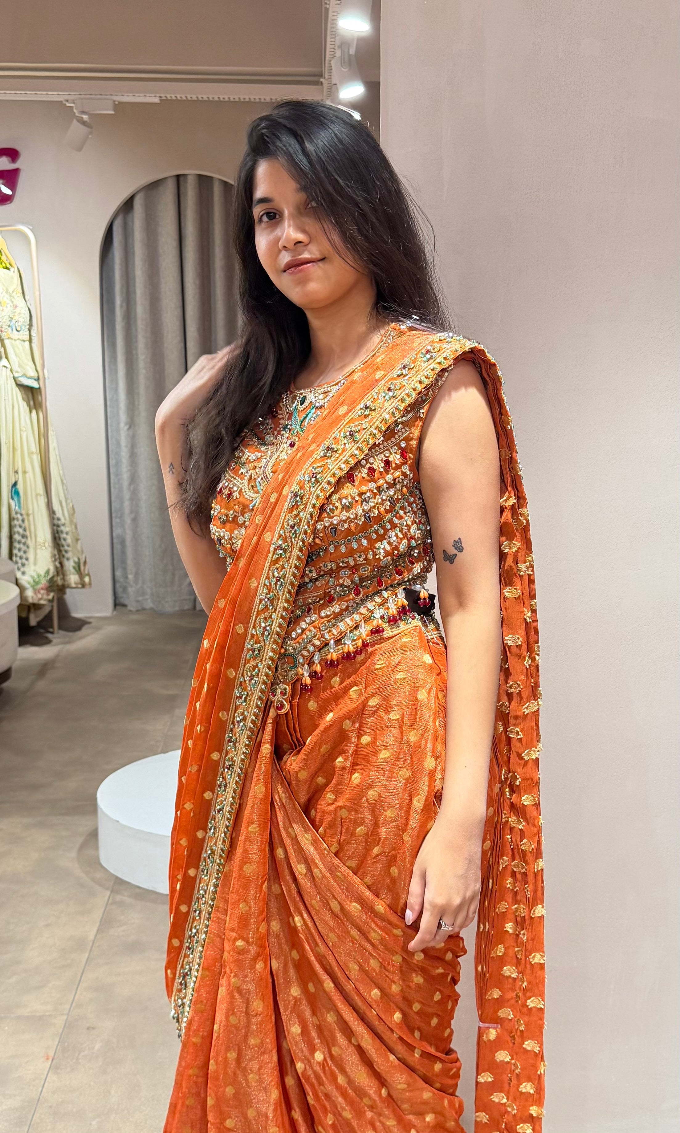 Orange INTRICATE EMBROIDERED drape saree