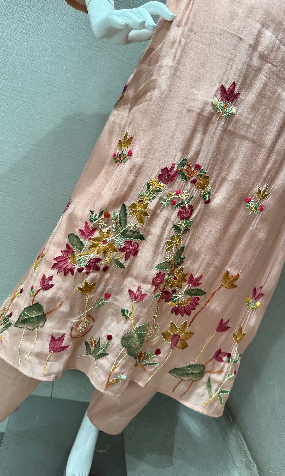 Peach Blossom Floral Embroidered Cotton Silk Kurta set