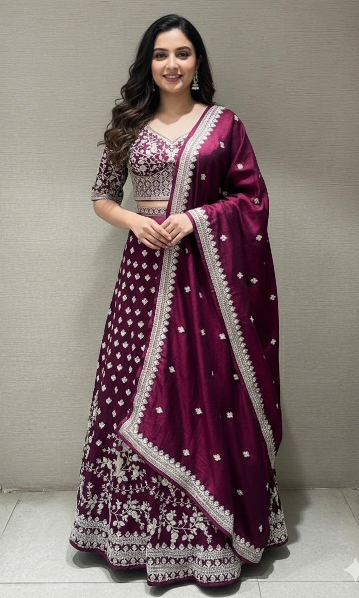 Wine floral embellished Lehenga