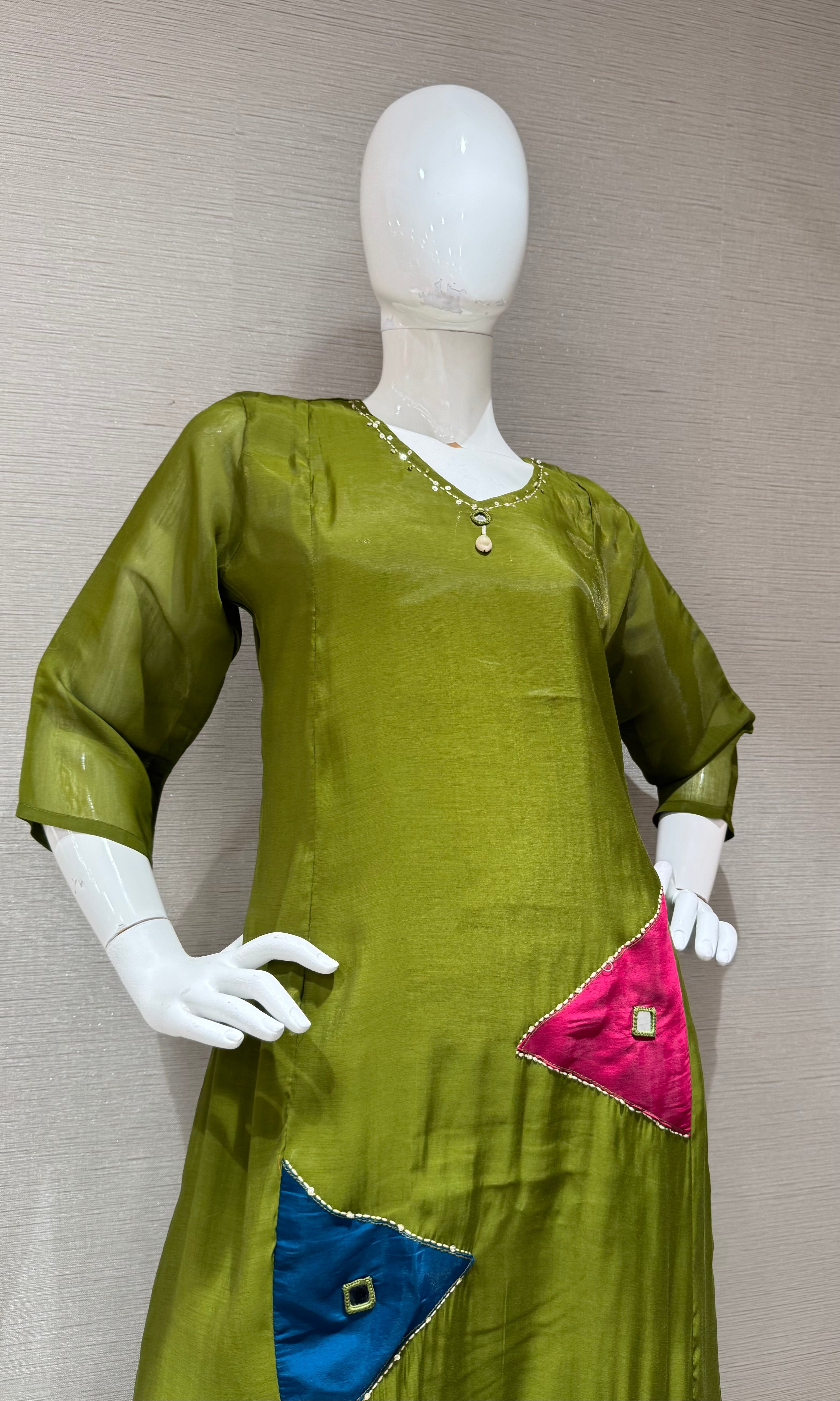 Olive Green Embroidered Kurta Set with Sheer Overlay