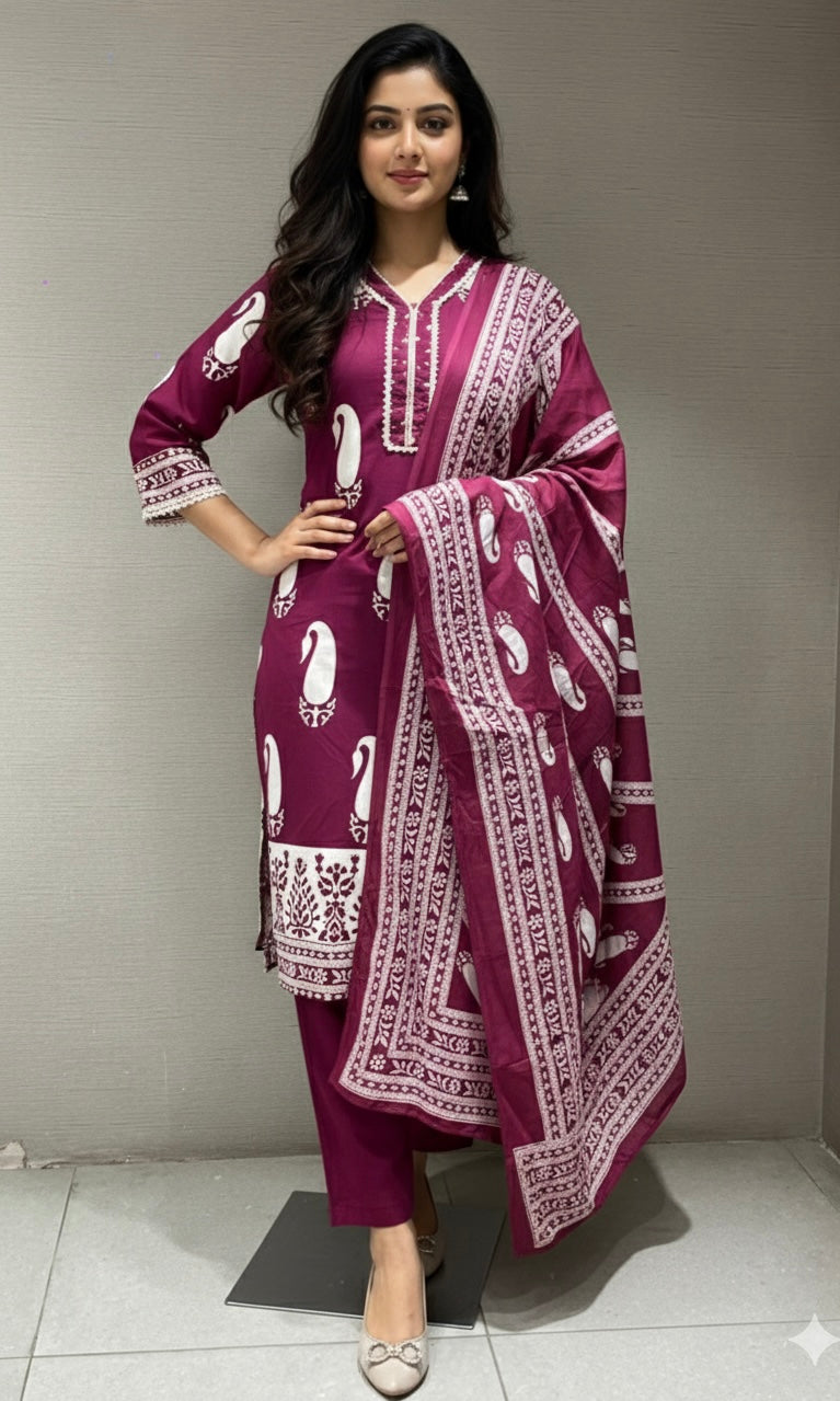 Purple EMBROIDERED PRINTED KURTA SET