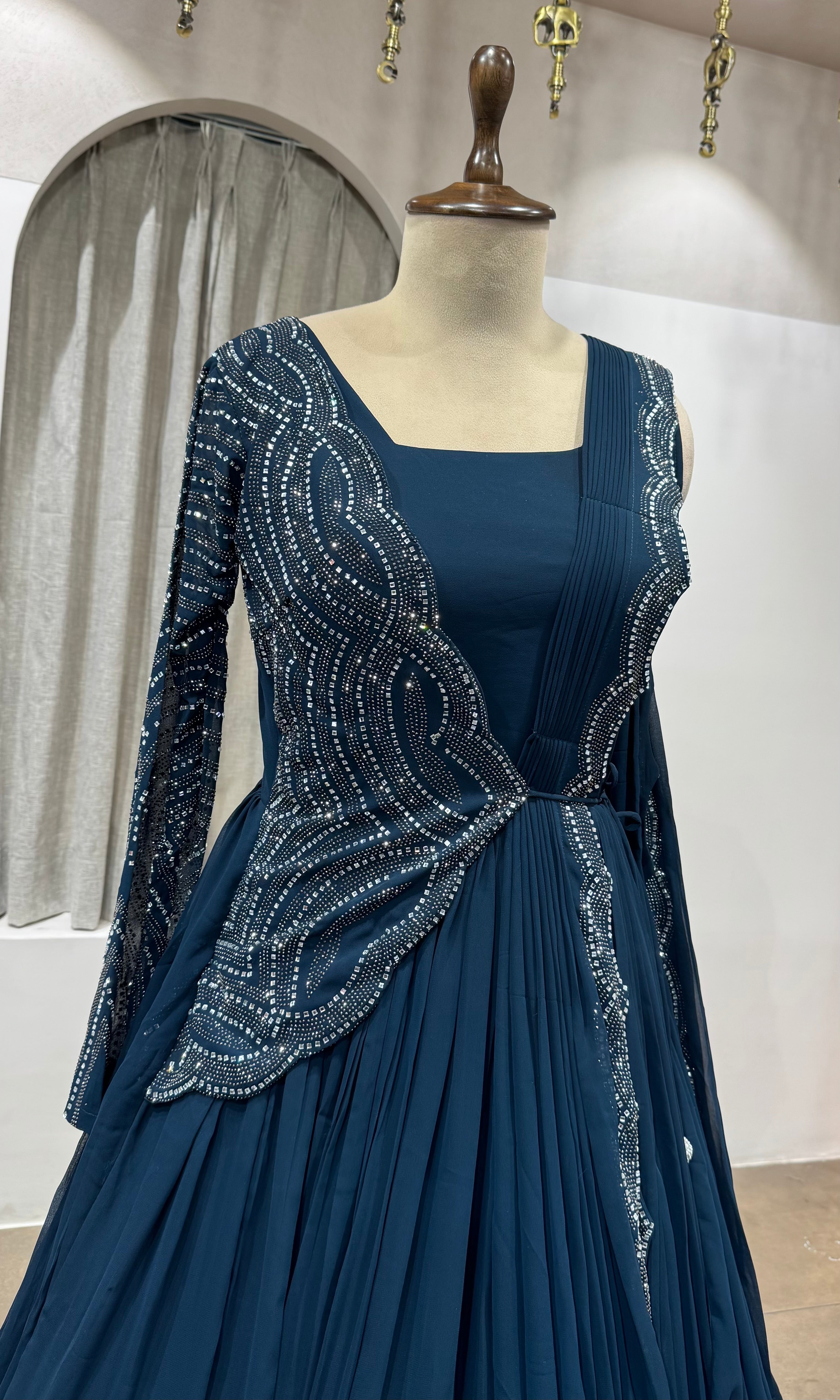 BLUE Embellished Floor-Length Anarkali Gown
