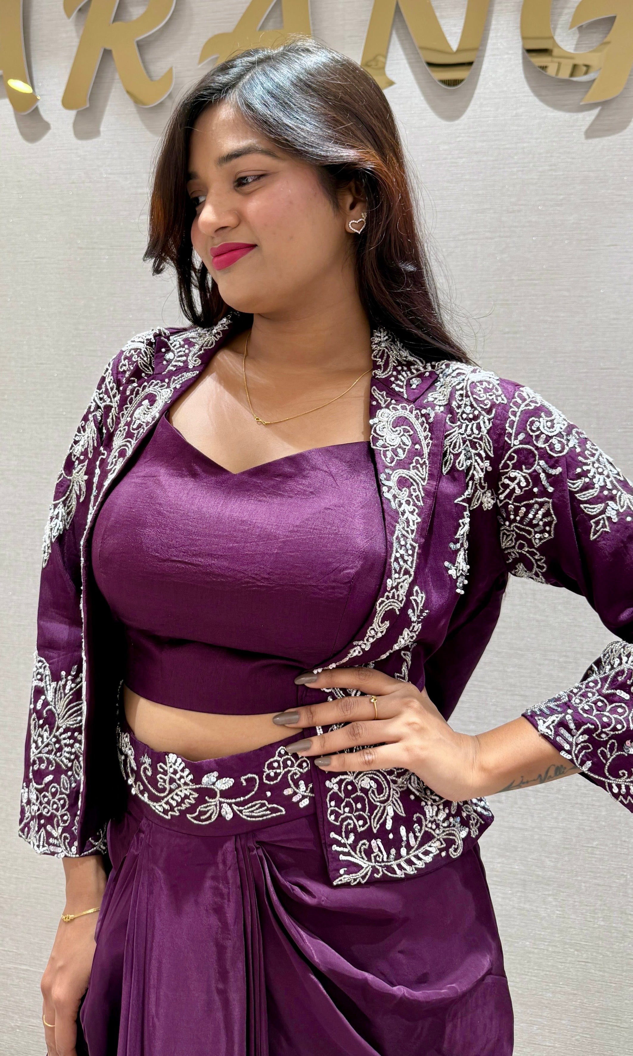 Wine 3 PIECE INDO WESTERN DRESS, COAT CROP TOP SKIRT
