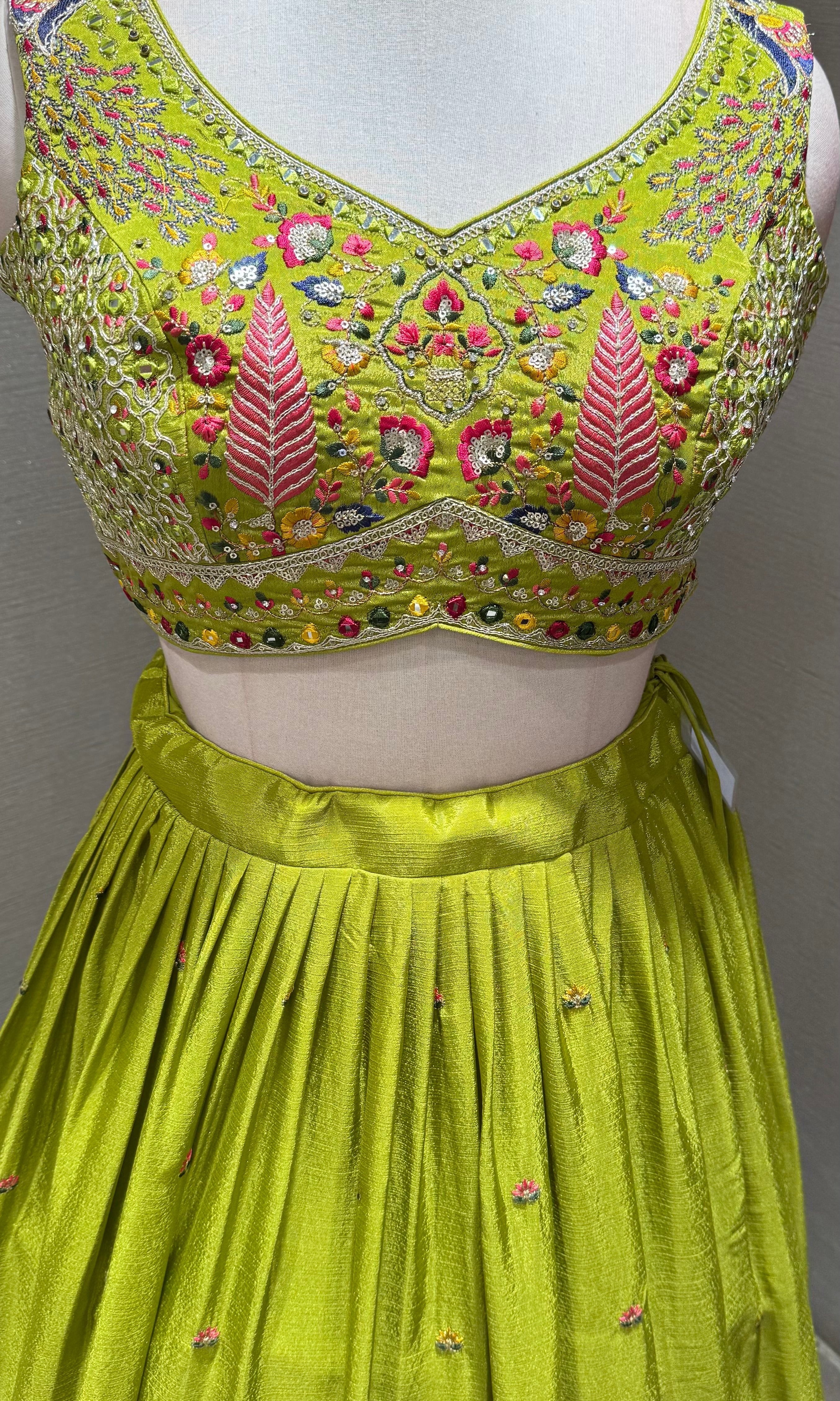 Lime Green Lehenga Choli Set with Pink Accents