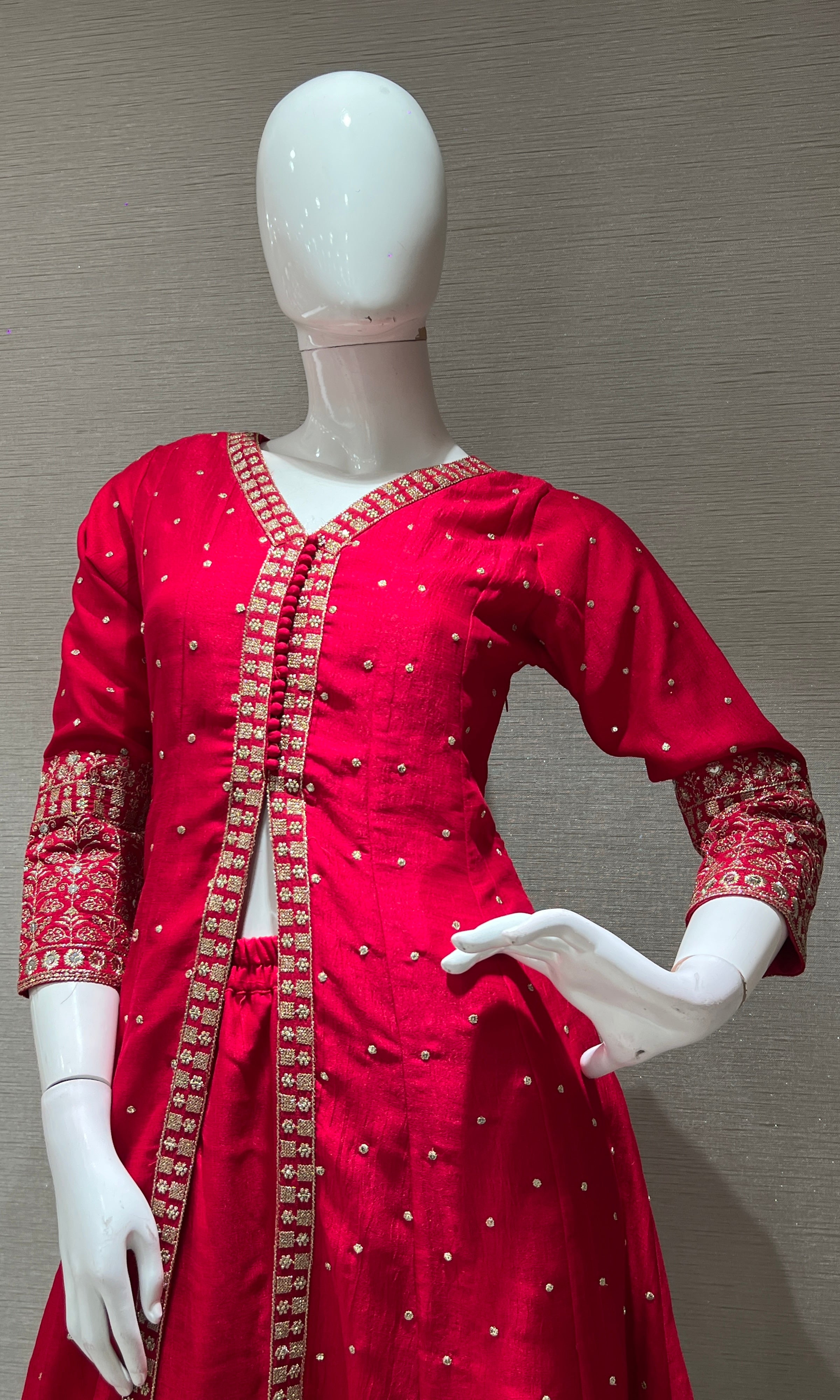 Red embroidered front slit Anarkali