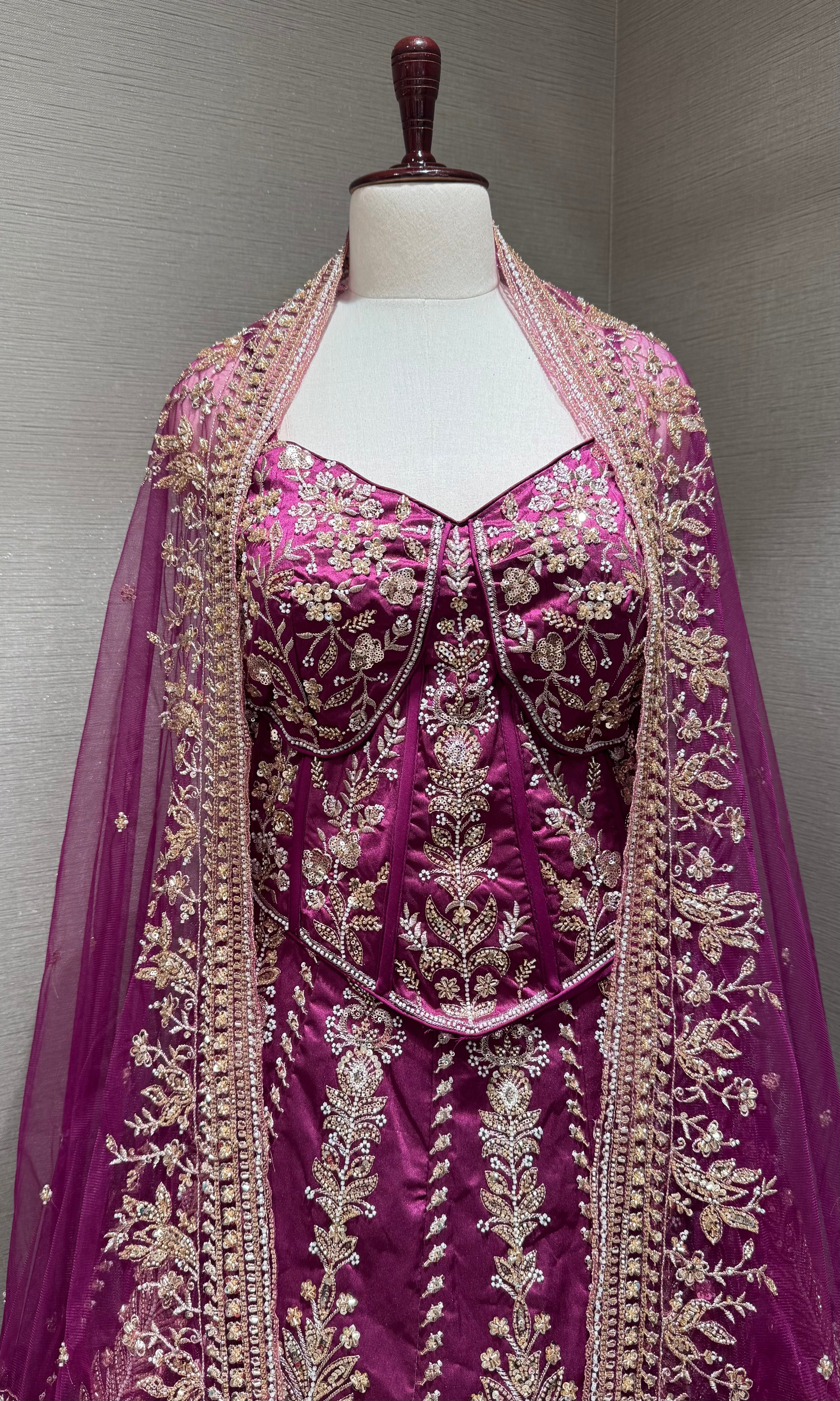 Wine embroidered peplum crop top lehenga set