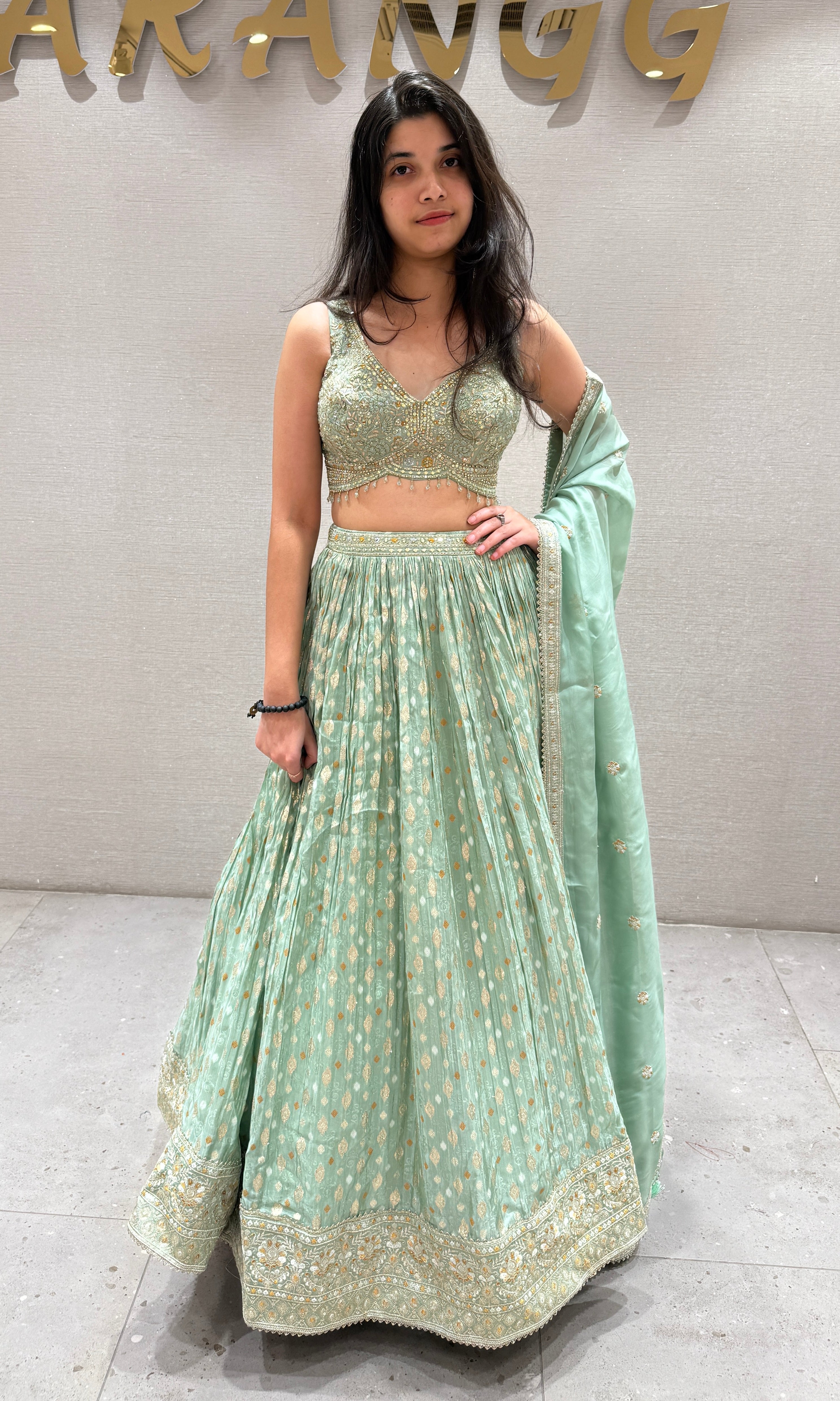 Pista Green Gold Woven Lehenga Ensemble