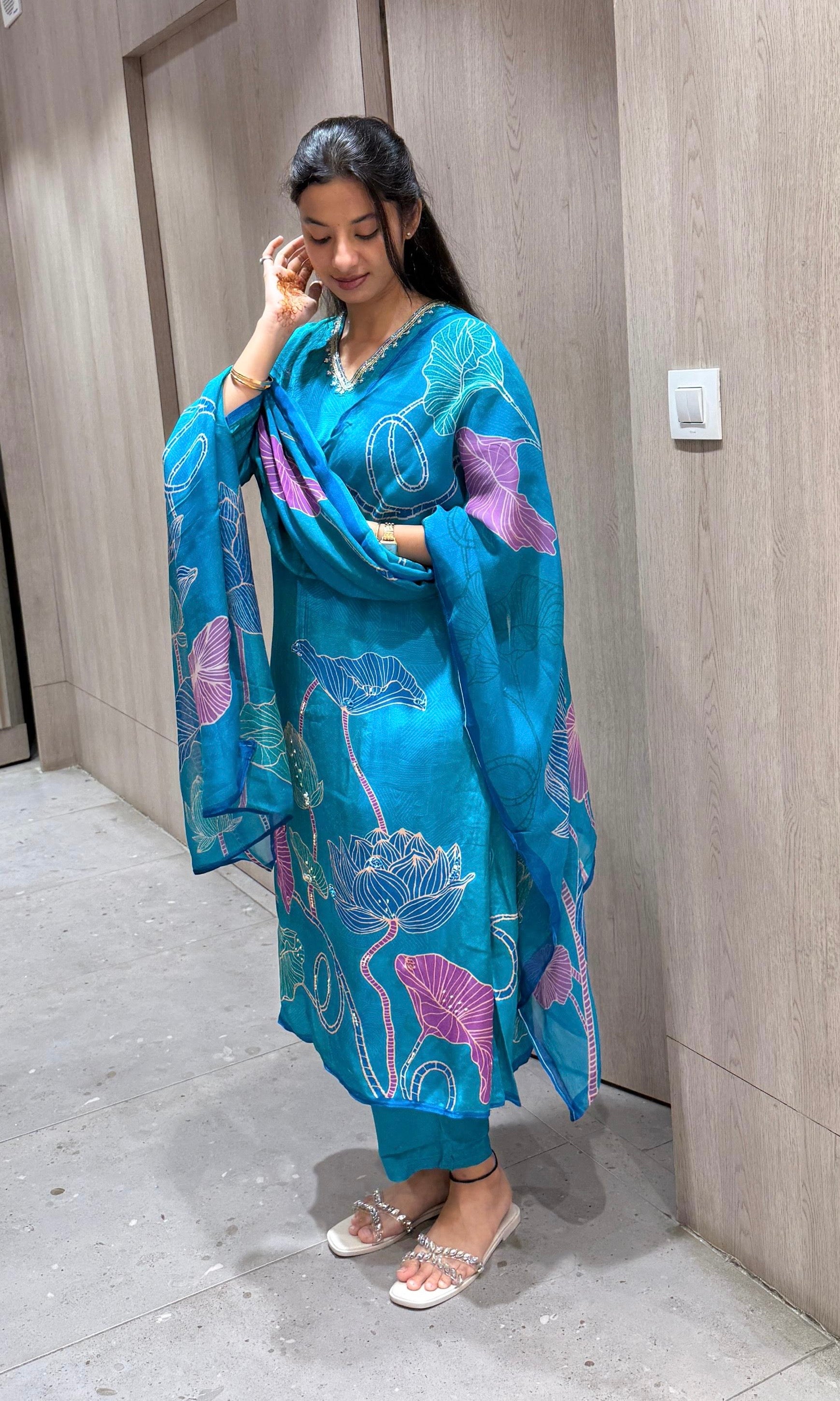 light blue floral print kurta set