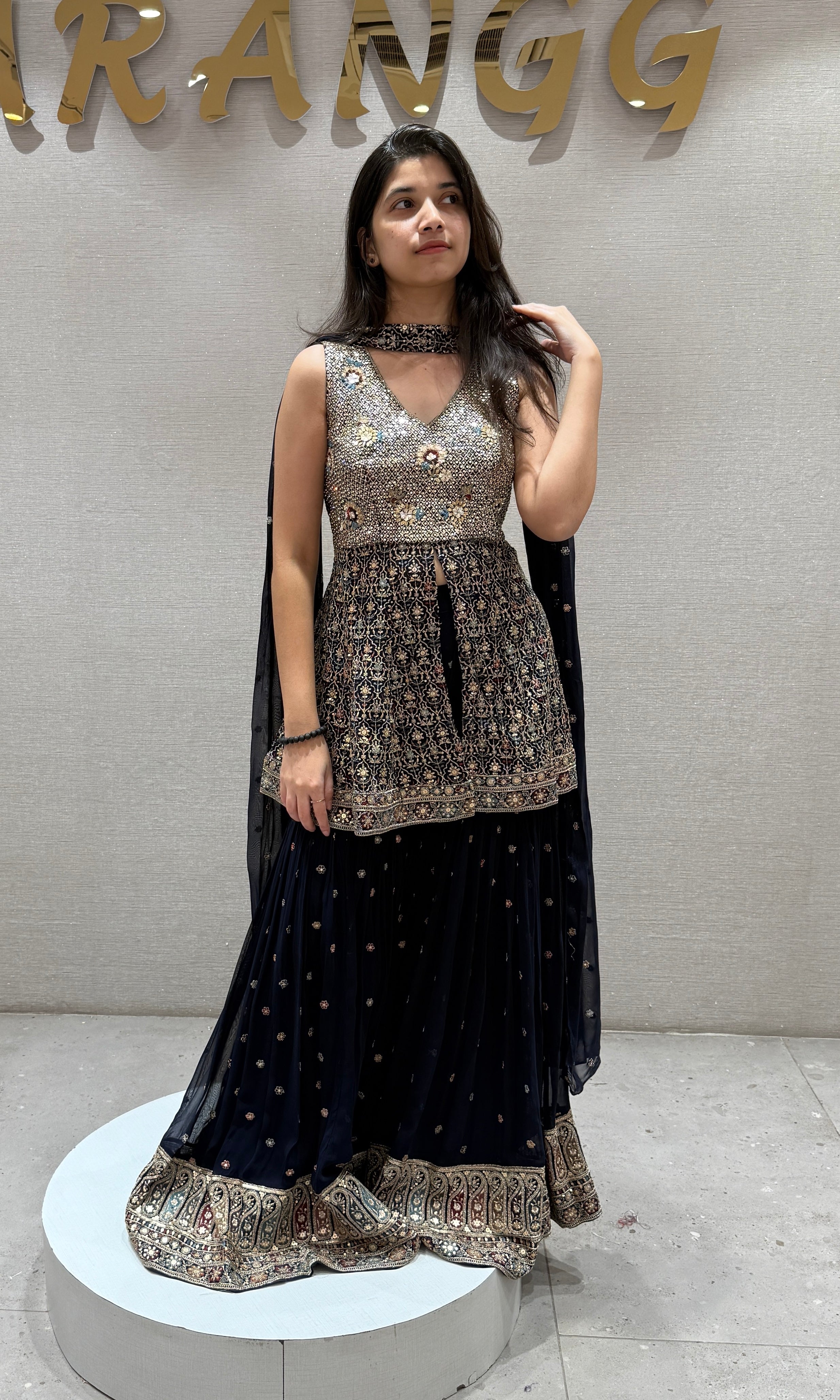 Navy Blue Embroidered Sharara Set