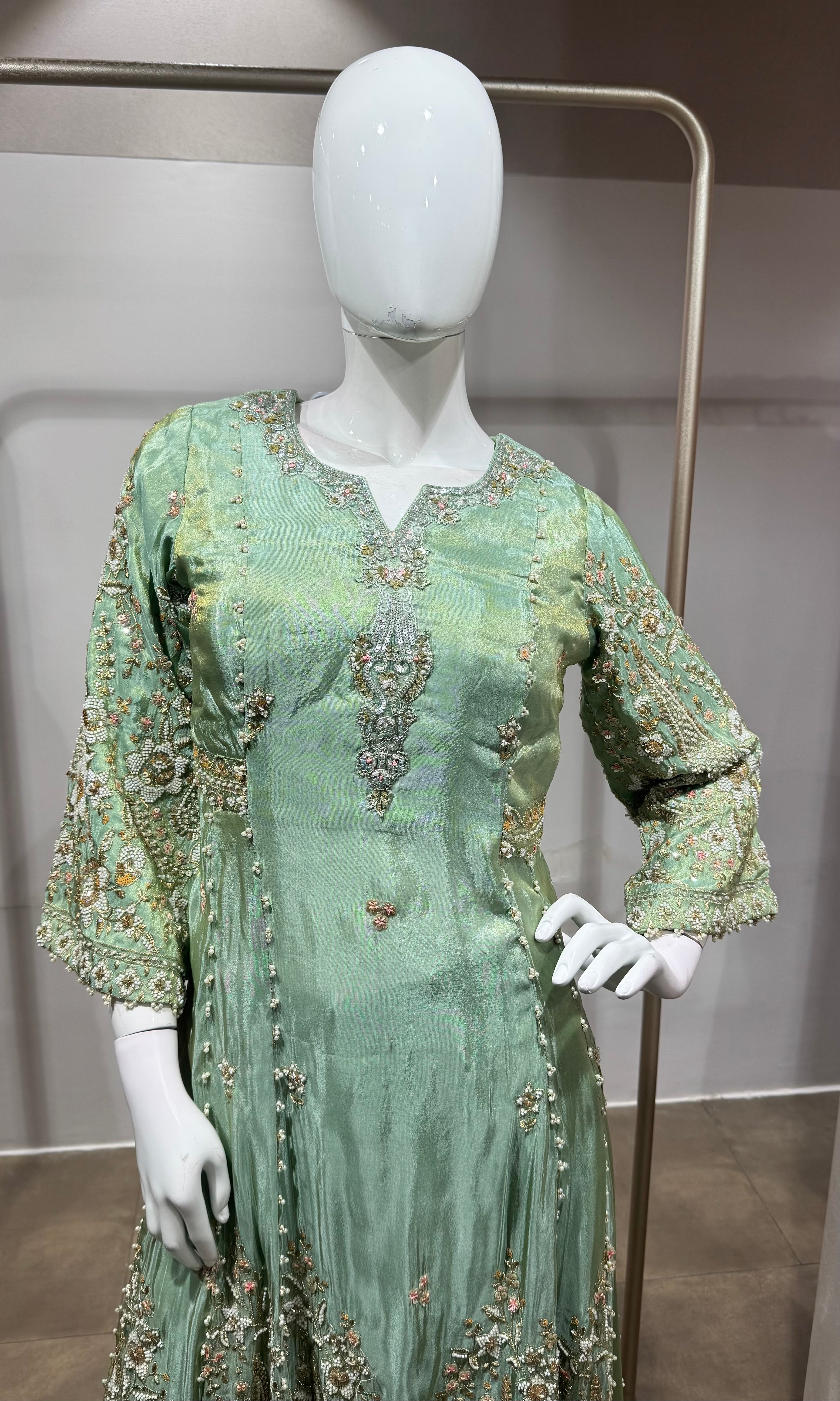 Pista green Embroidered Silk Nyra cut palazzo set