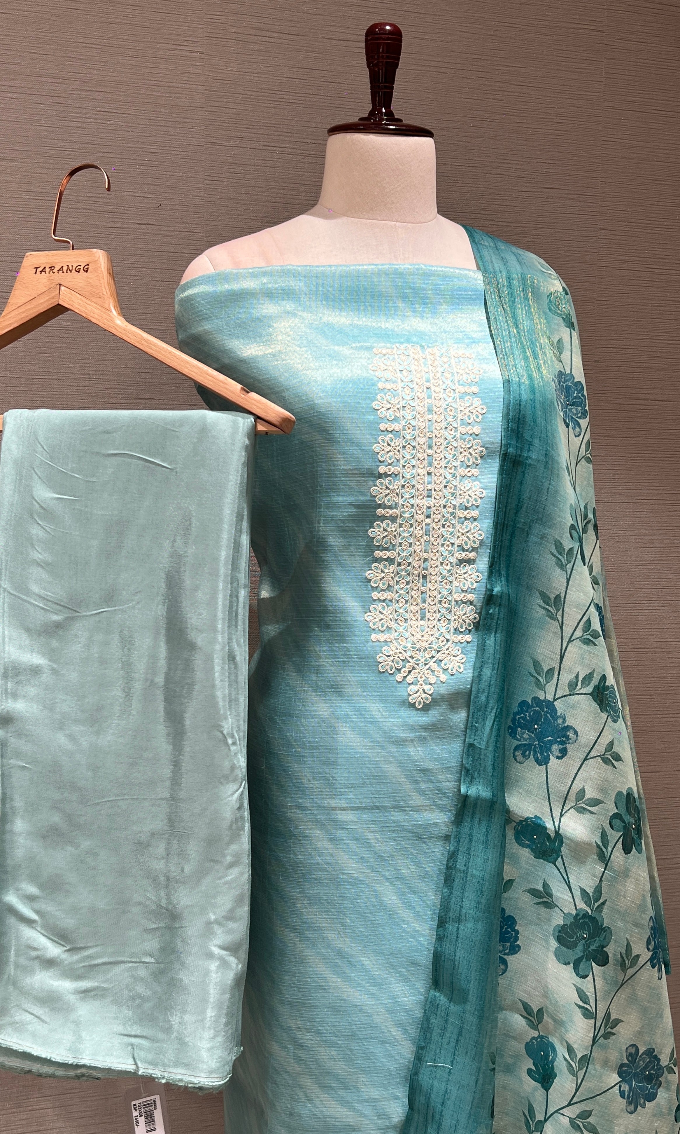Light blue dress material WITH FLORAL DUPATTA