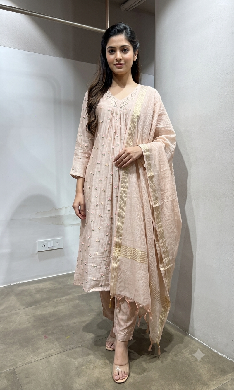 Peach Embroidered A-Line Kurta Set with Dupatta