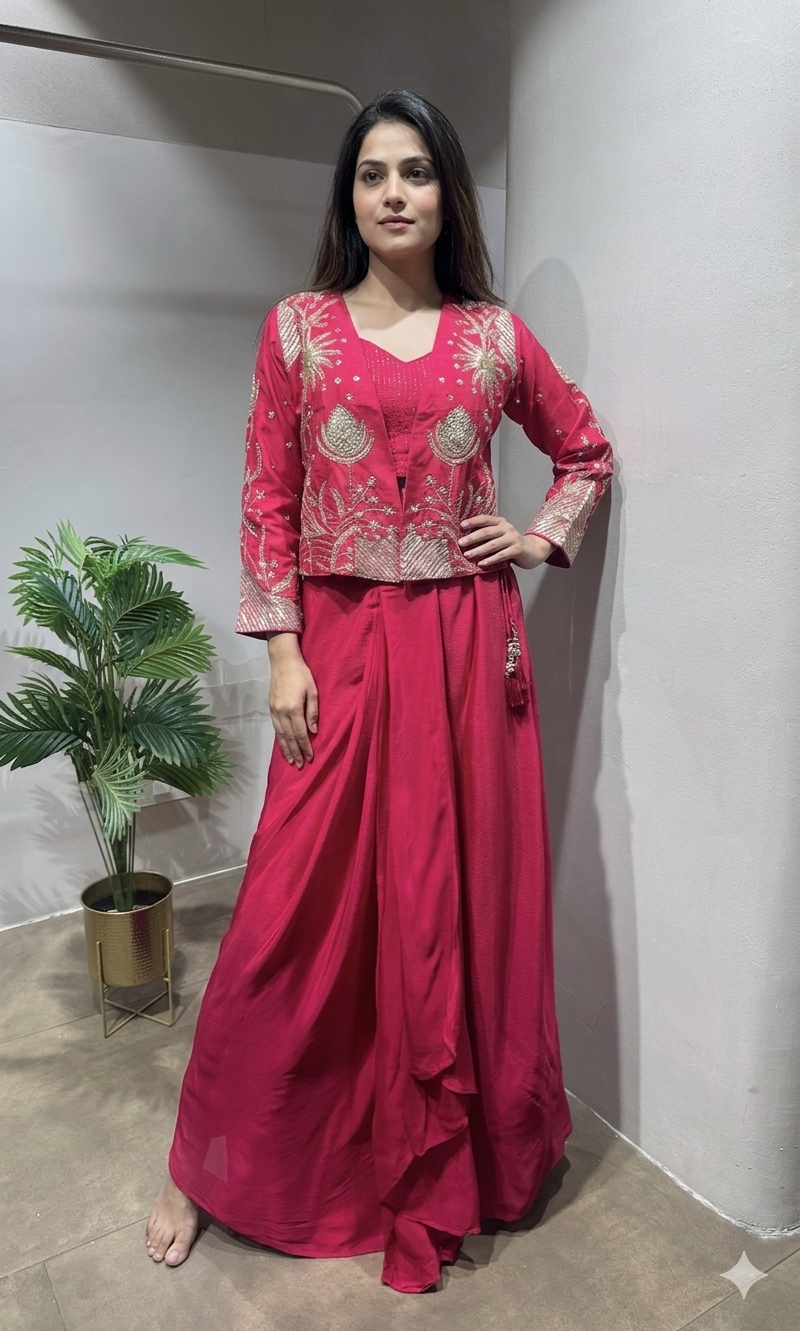 Rani Pink Indo-Western Set with Pearl Jacket