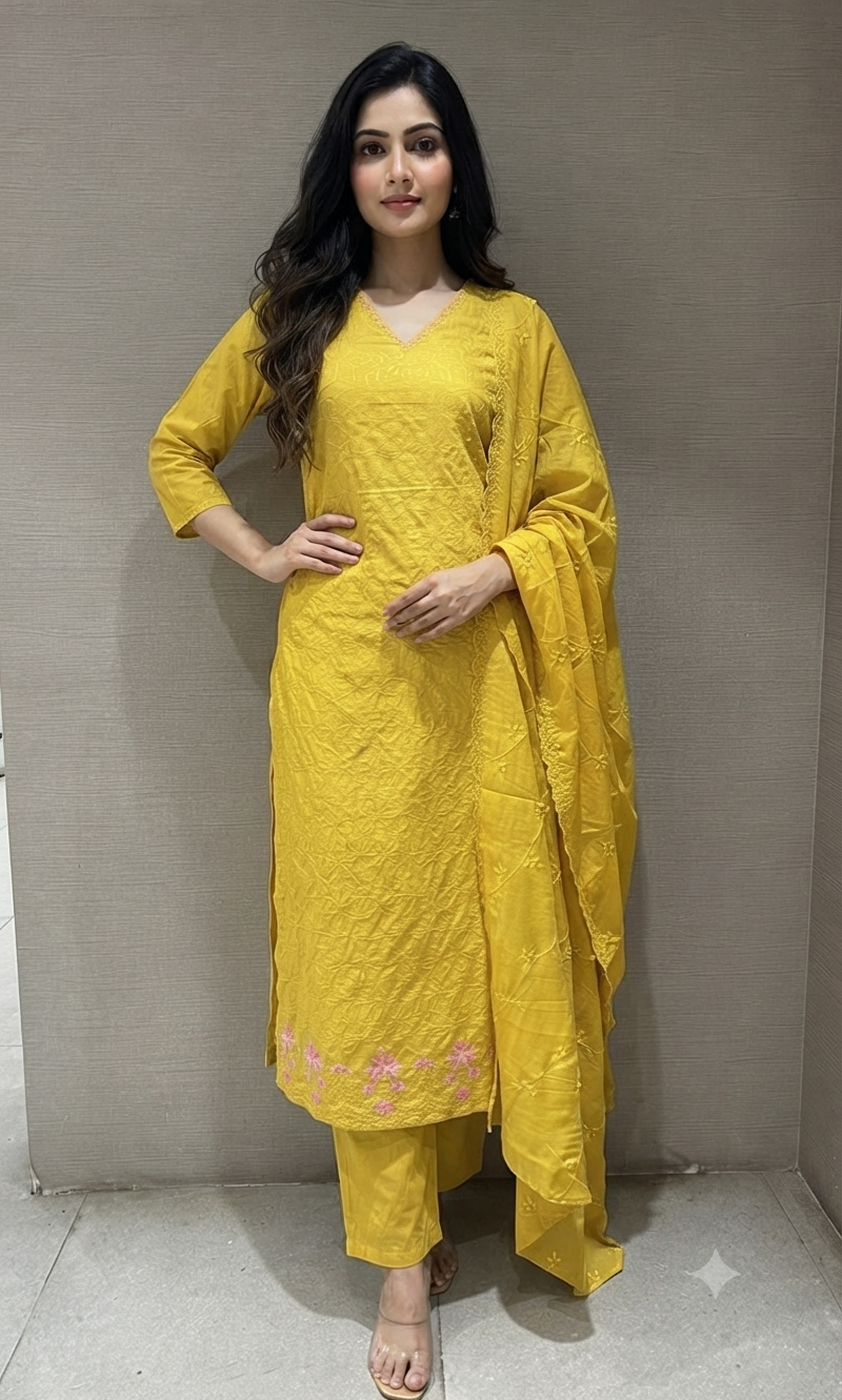 Yellow Cotton Kurta set with Embroidered Dupatta