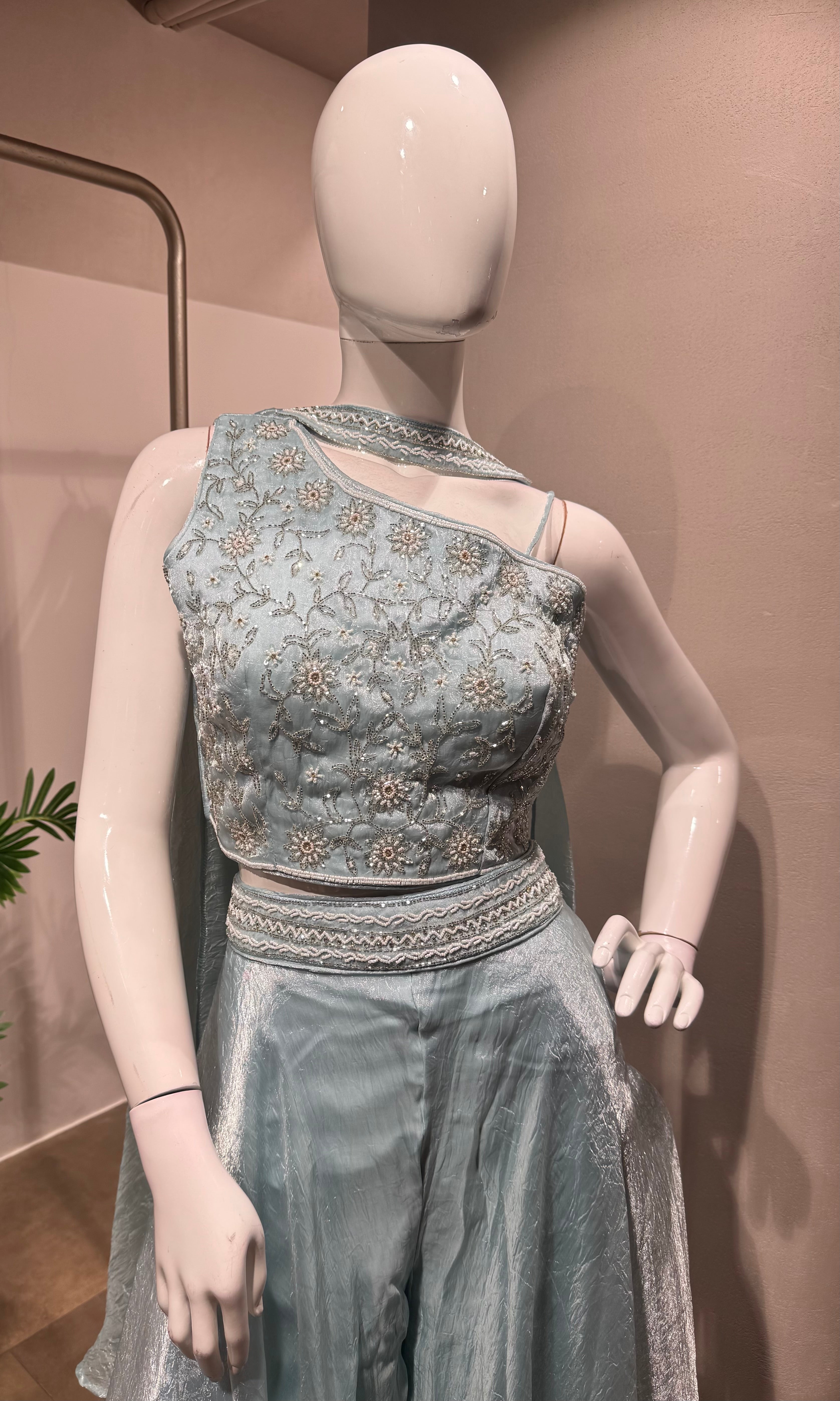 Blue palazo set with embroidered crop top