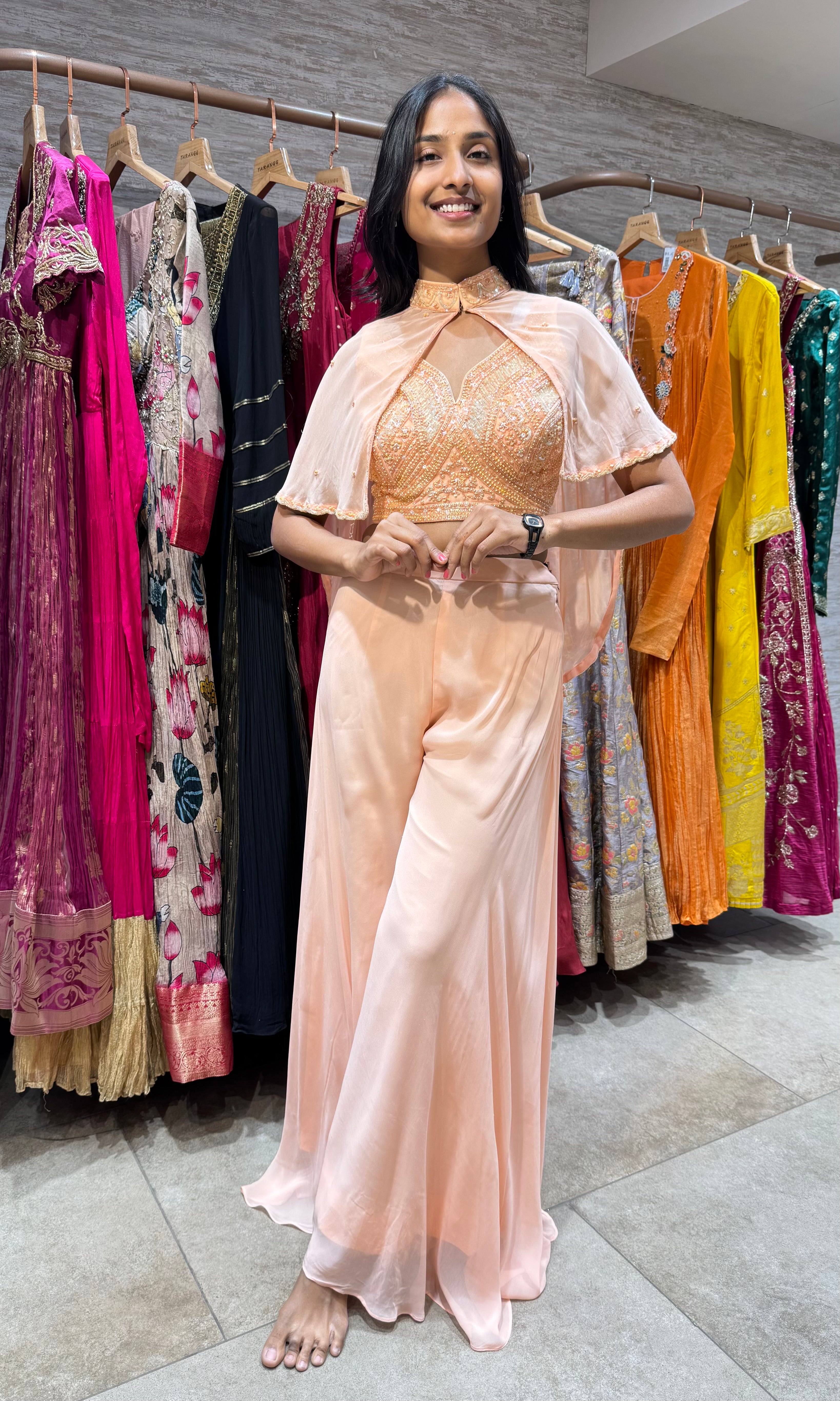 PEACH EMBROIDERED PALAZZO SET WITH CAPE