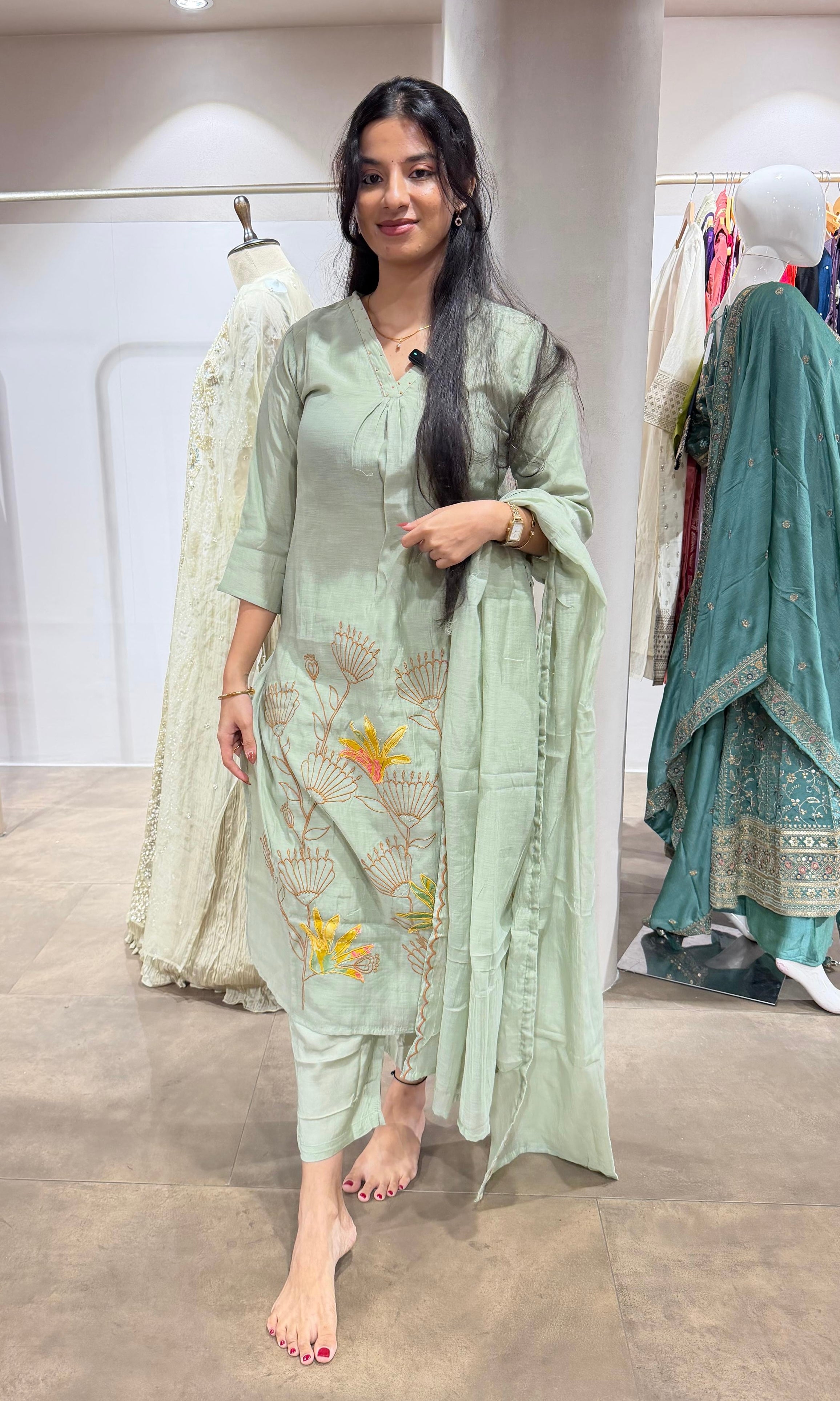 Pista green Floral Embroidered KURTA SET
