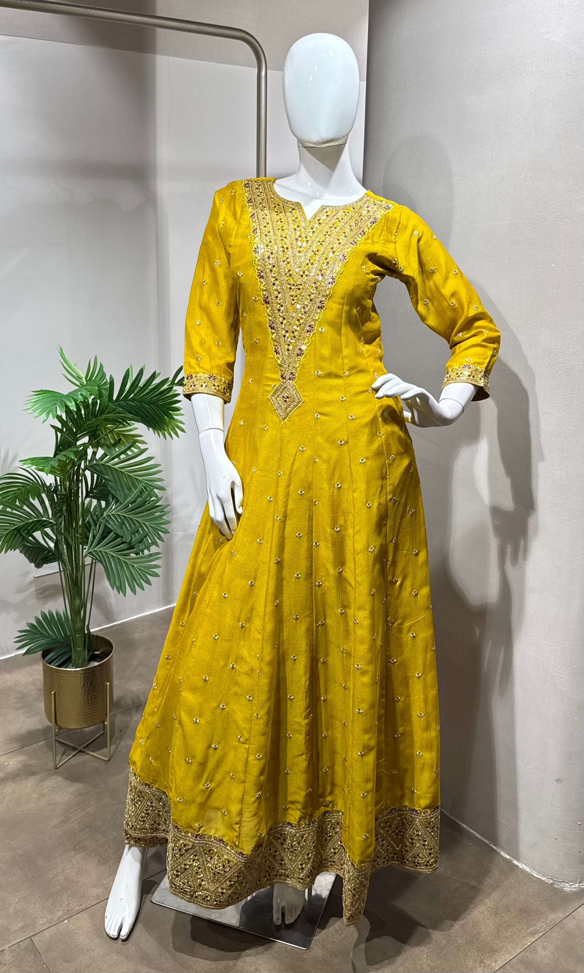 Mustard embroidered Anarkali with Dupatta