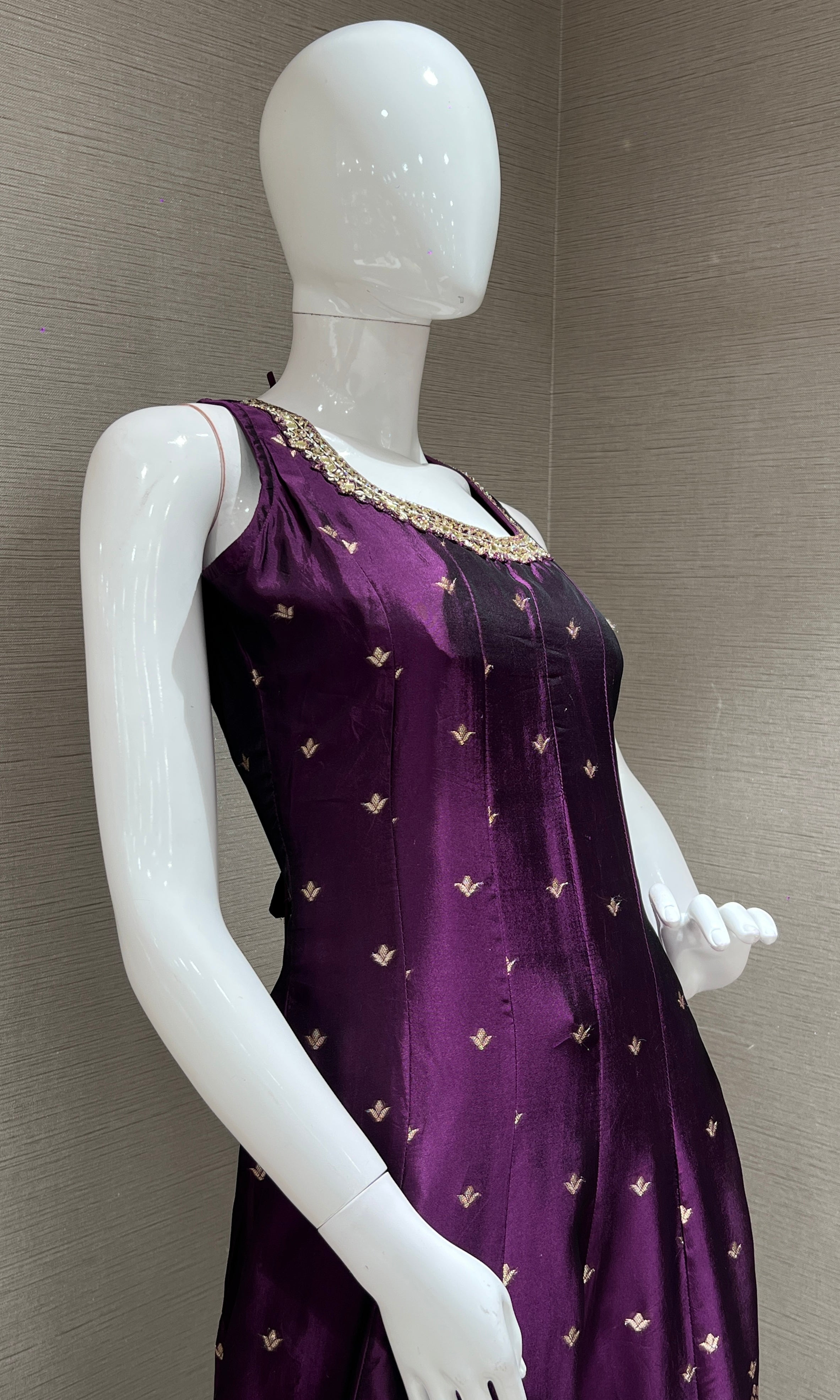 purple Anarkali with gold embroidery