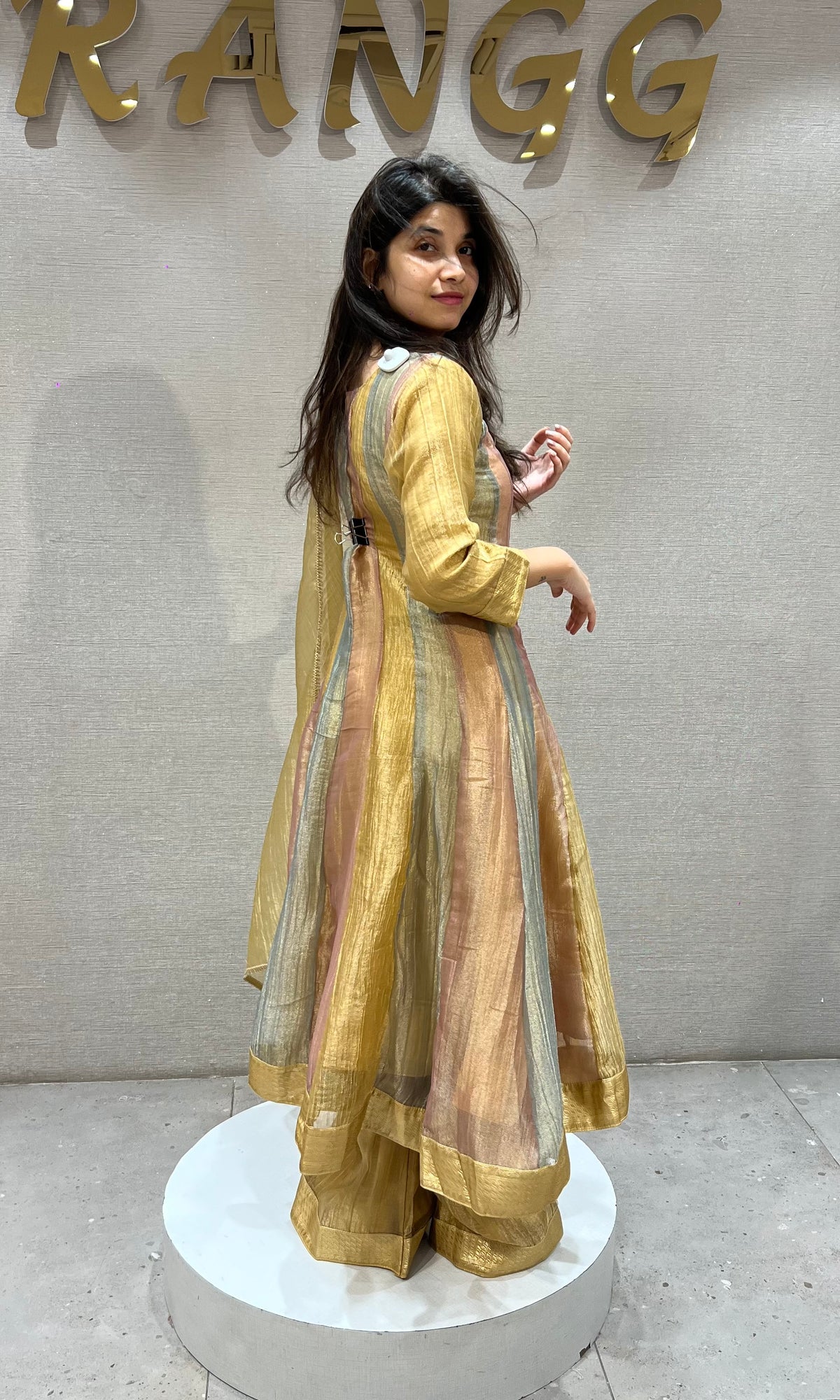 Gold Tissue silk anarkali set with dupatta