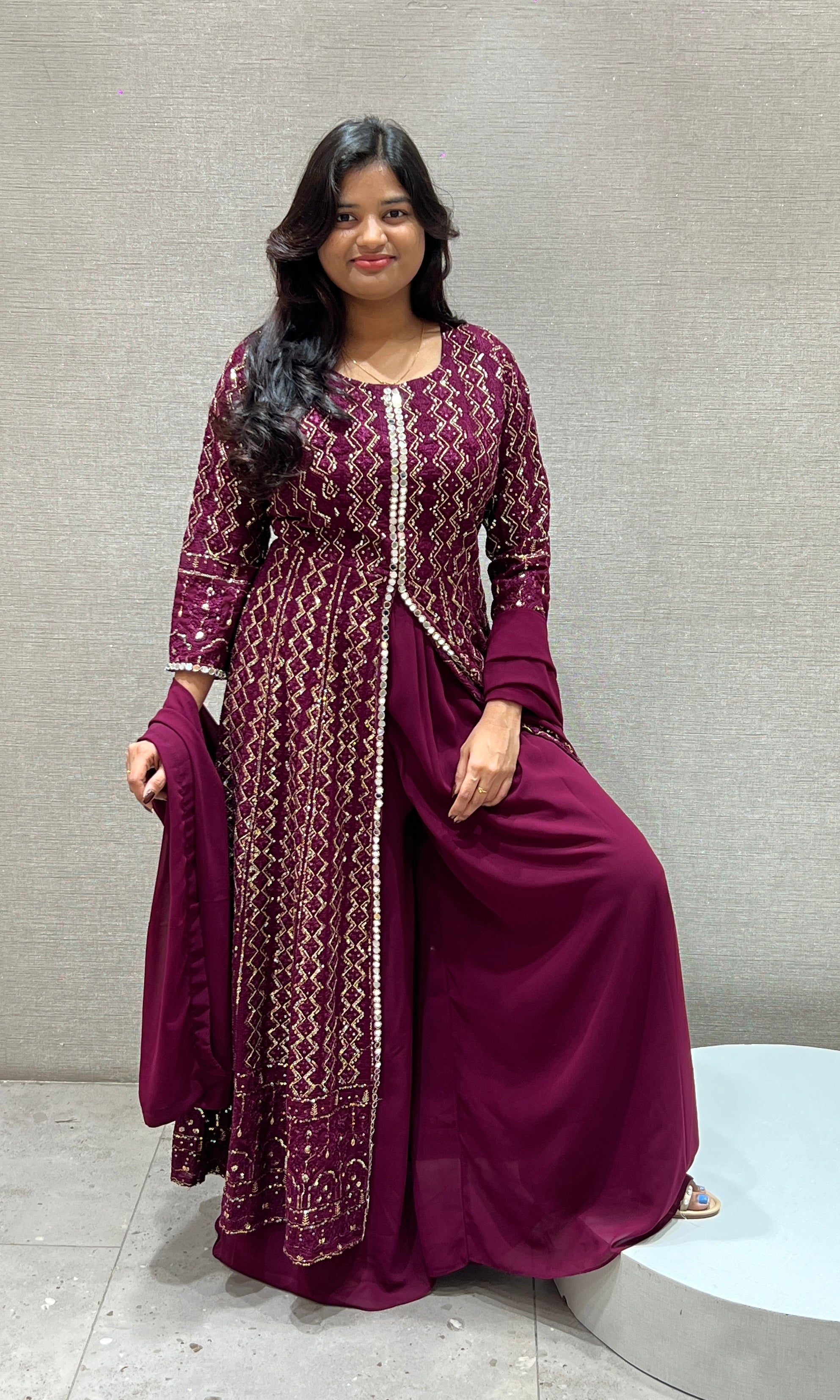 Wine front slit Anarkali with palazzo pants