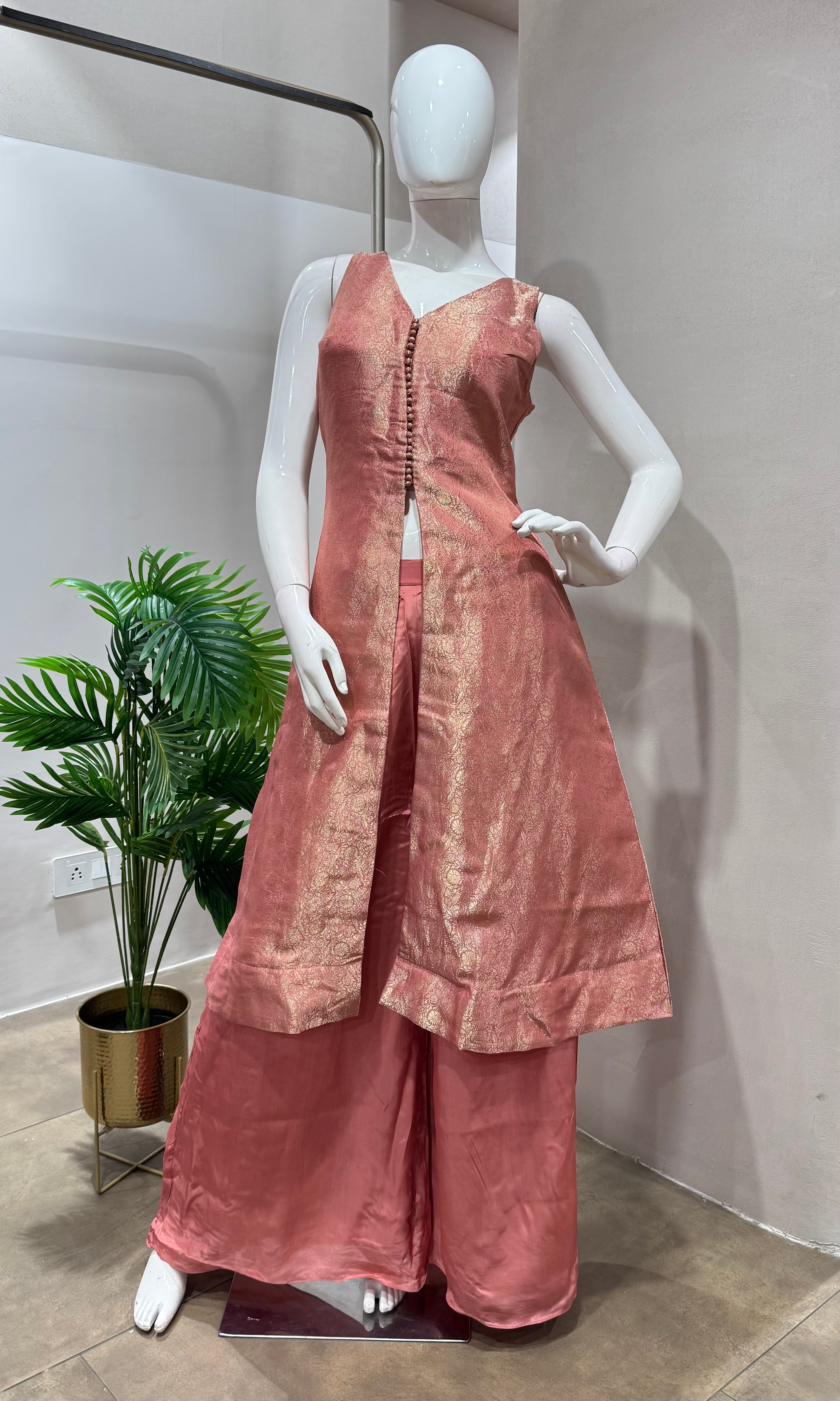 Peach and gold anarkali with palazzo pants
