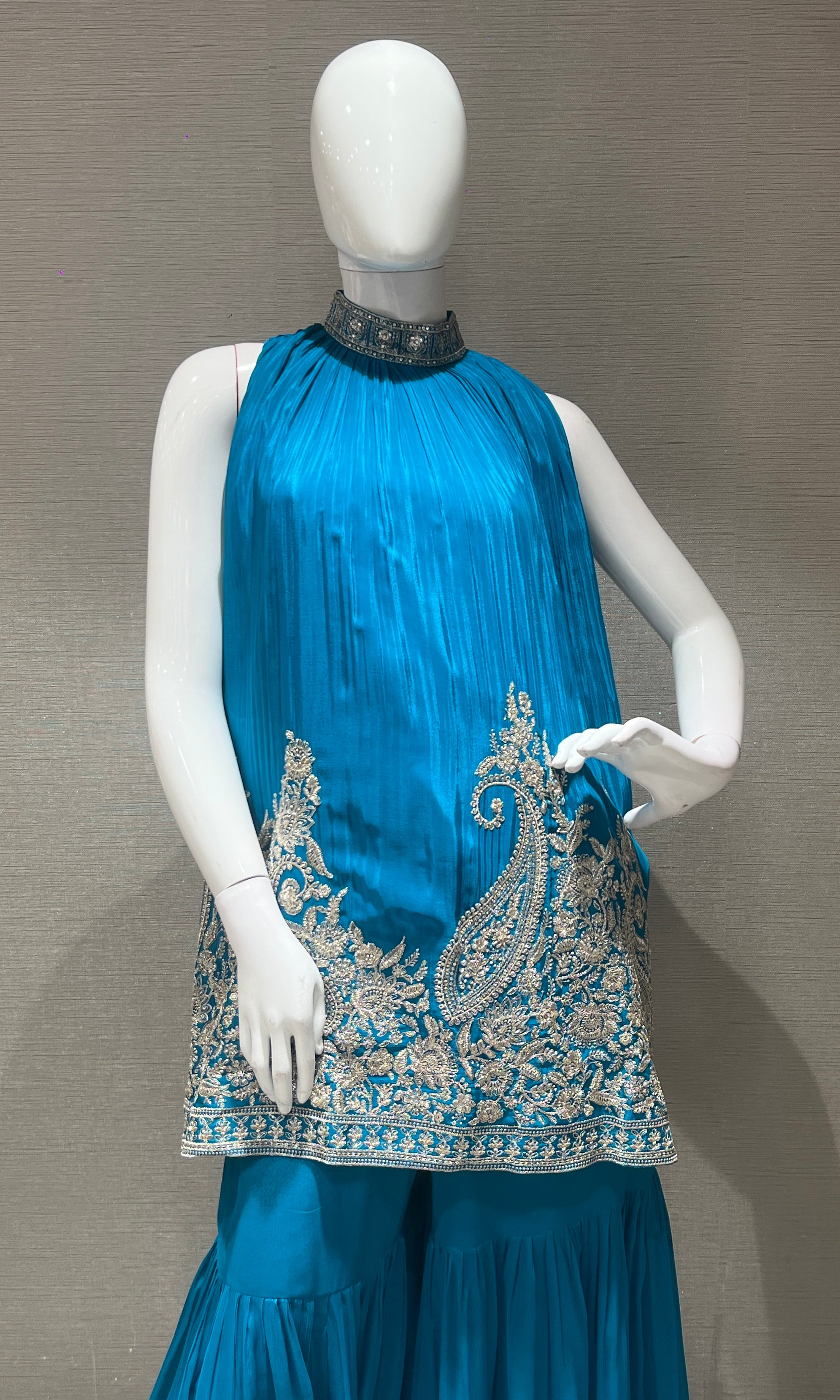 Rama blue SHARARA WITH HALTER NECK TOP