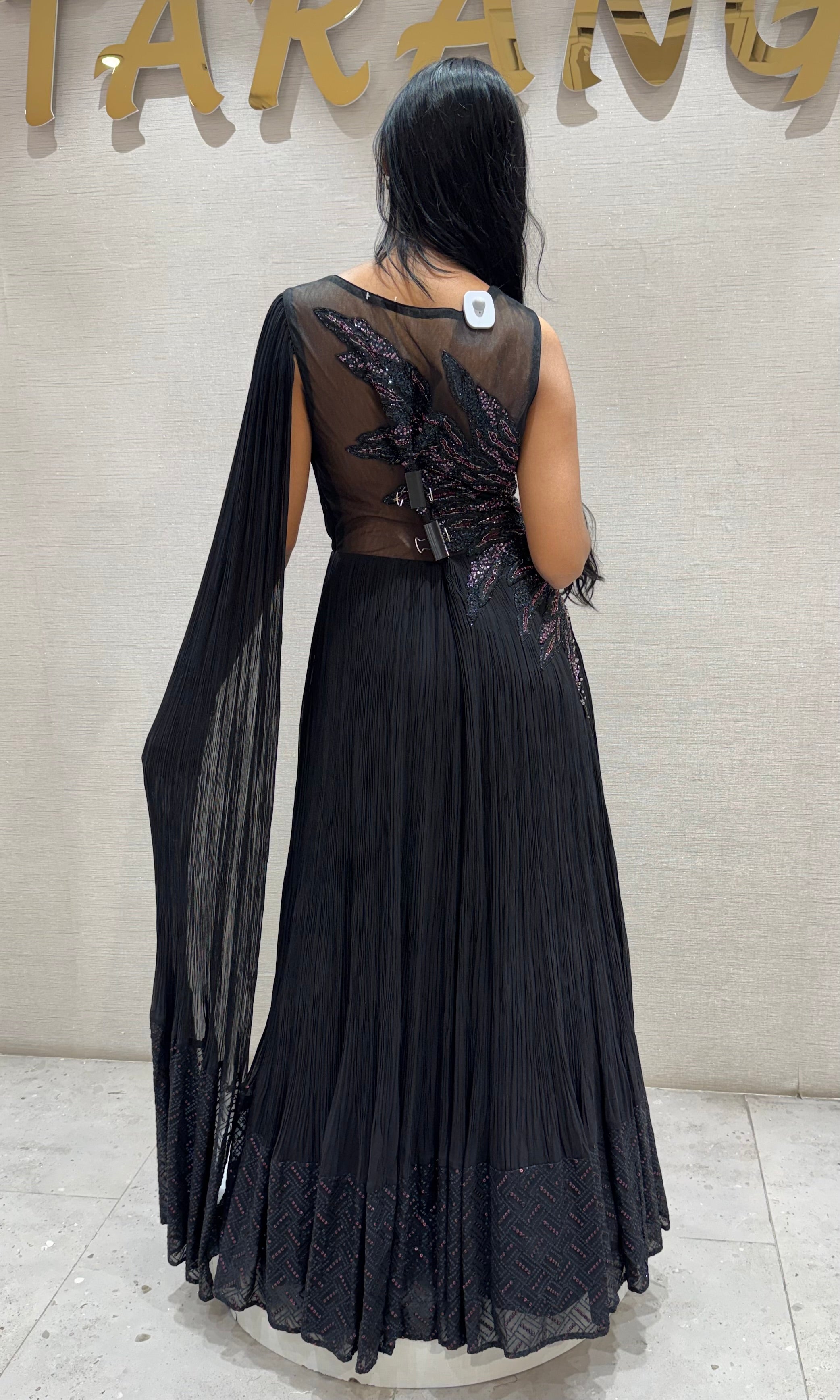 black gown Swarovski stone with flowing cape sleeve