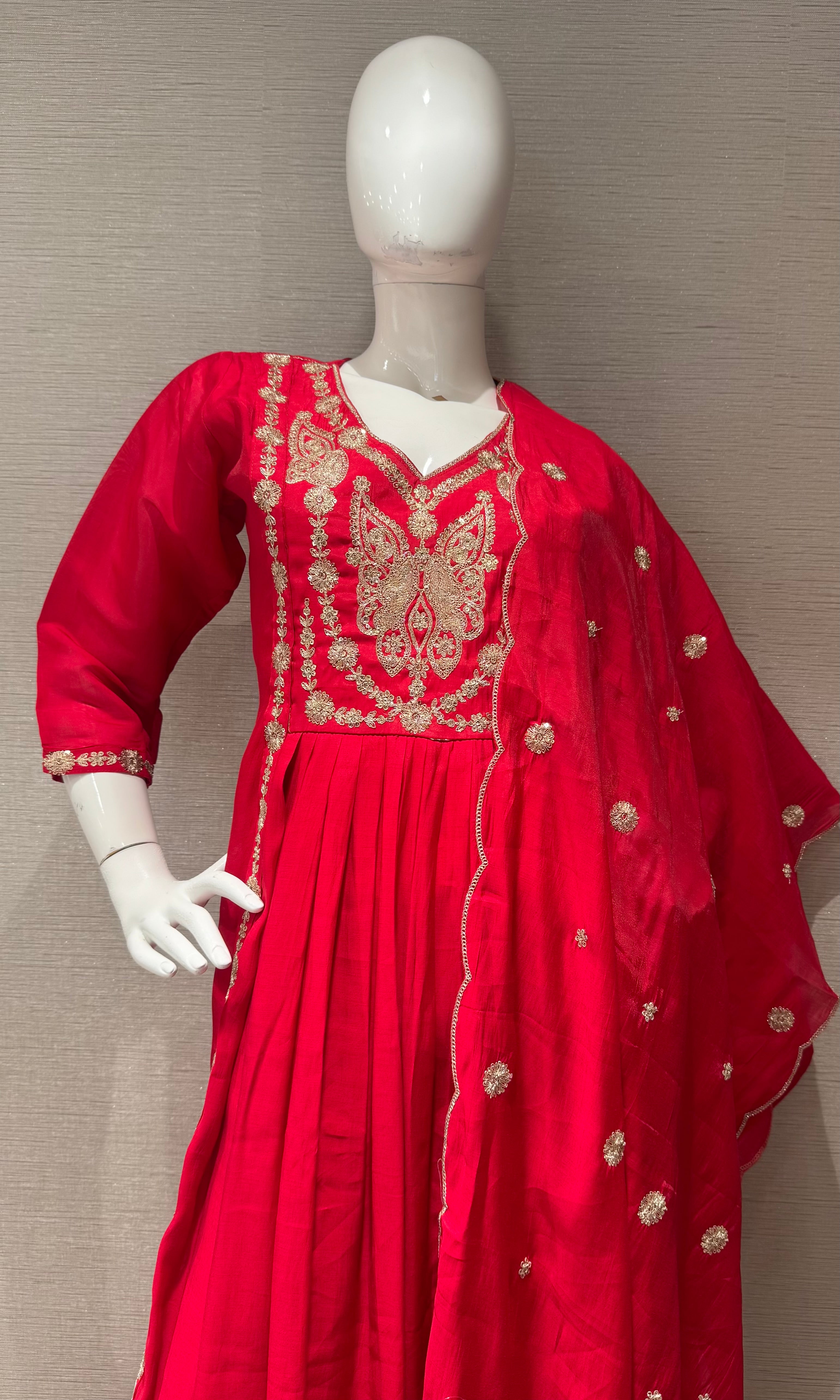Rani Embroidered A line Kurta Set with Dupatta