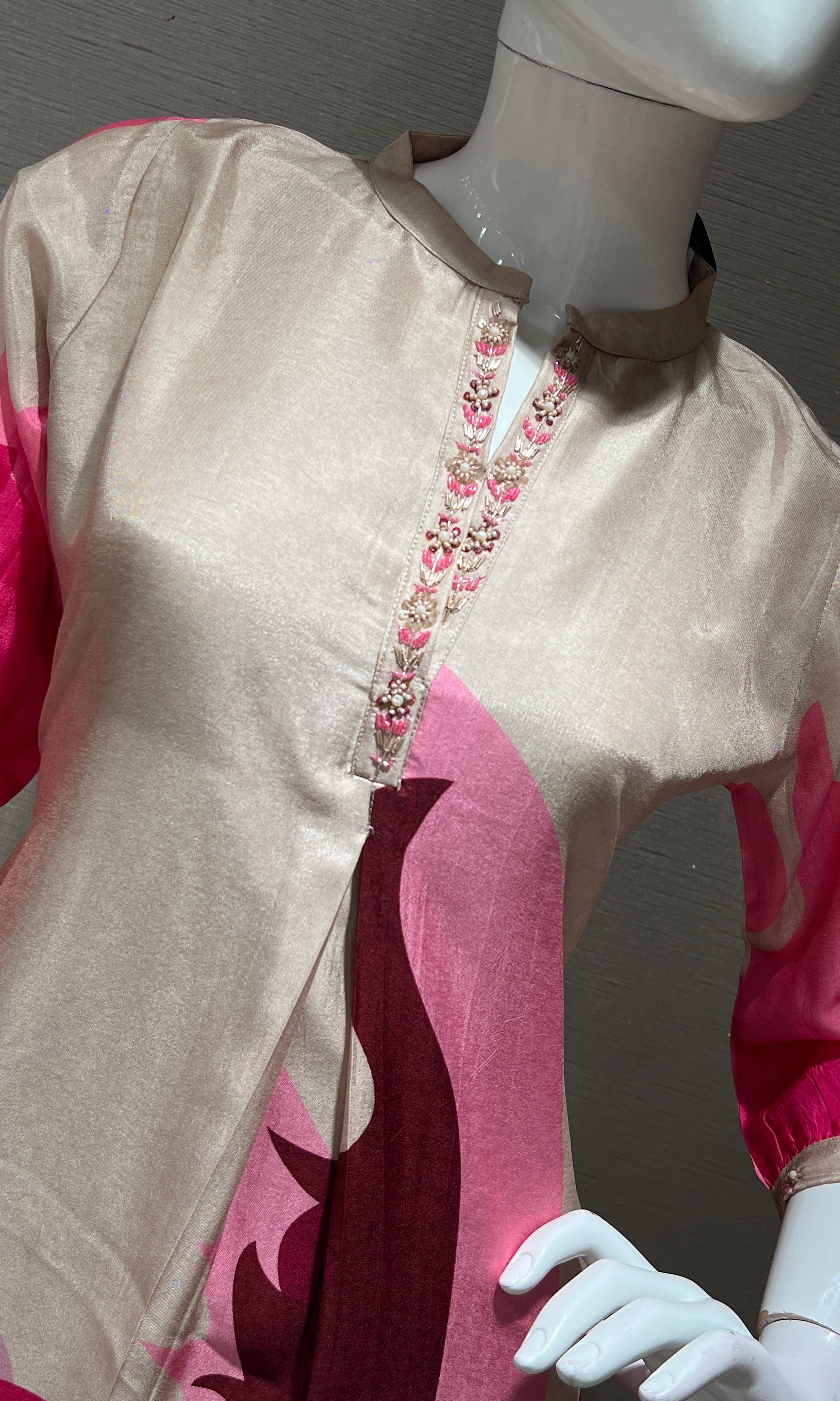 Beige printed pink KURTI TOP
