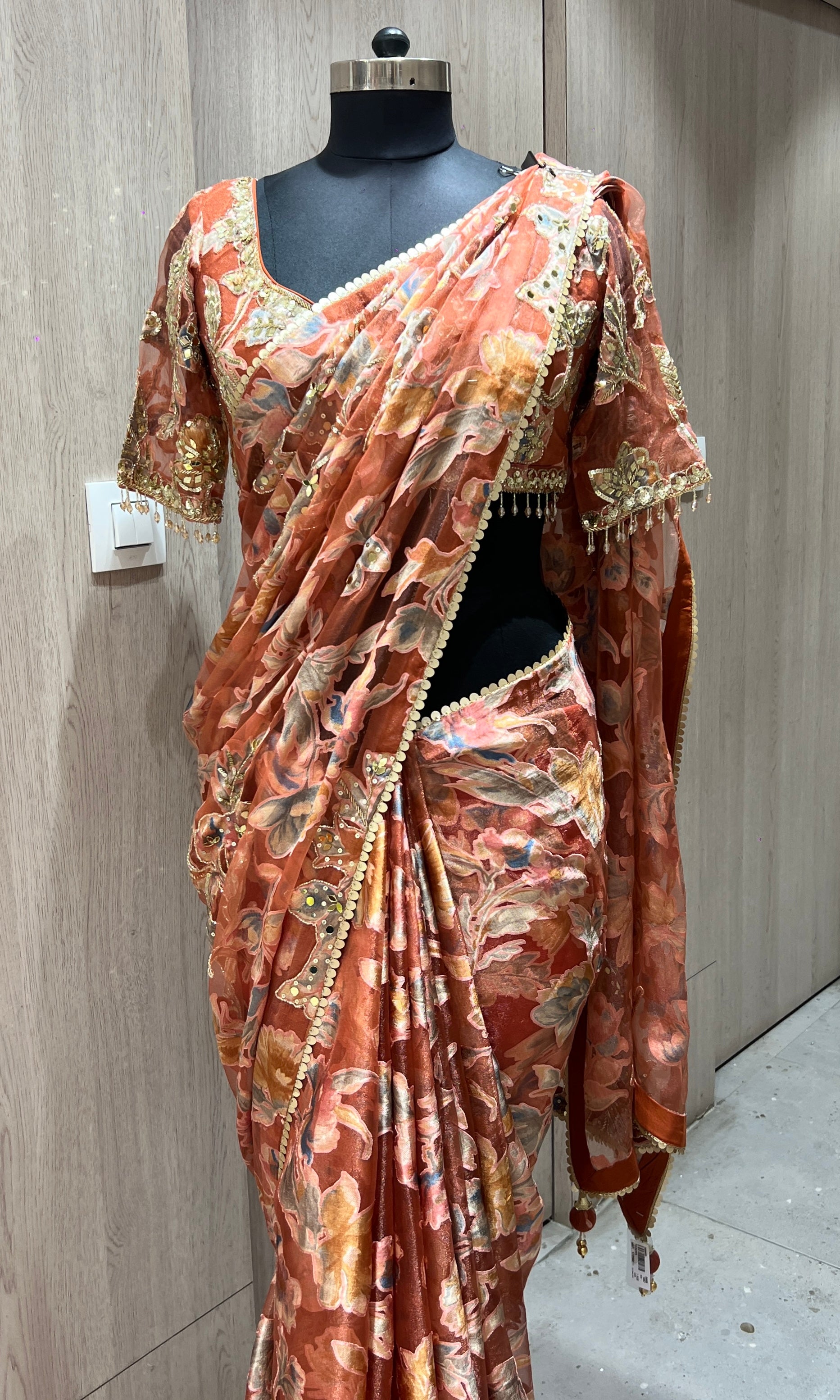 Rust orange saree with ready blouse