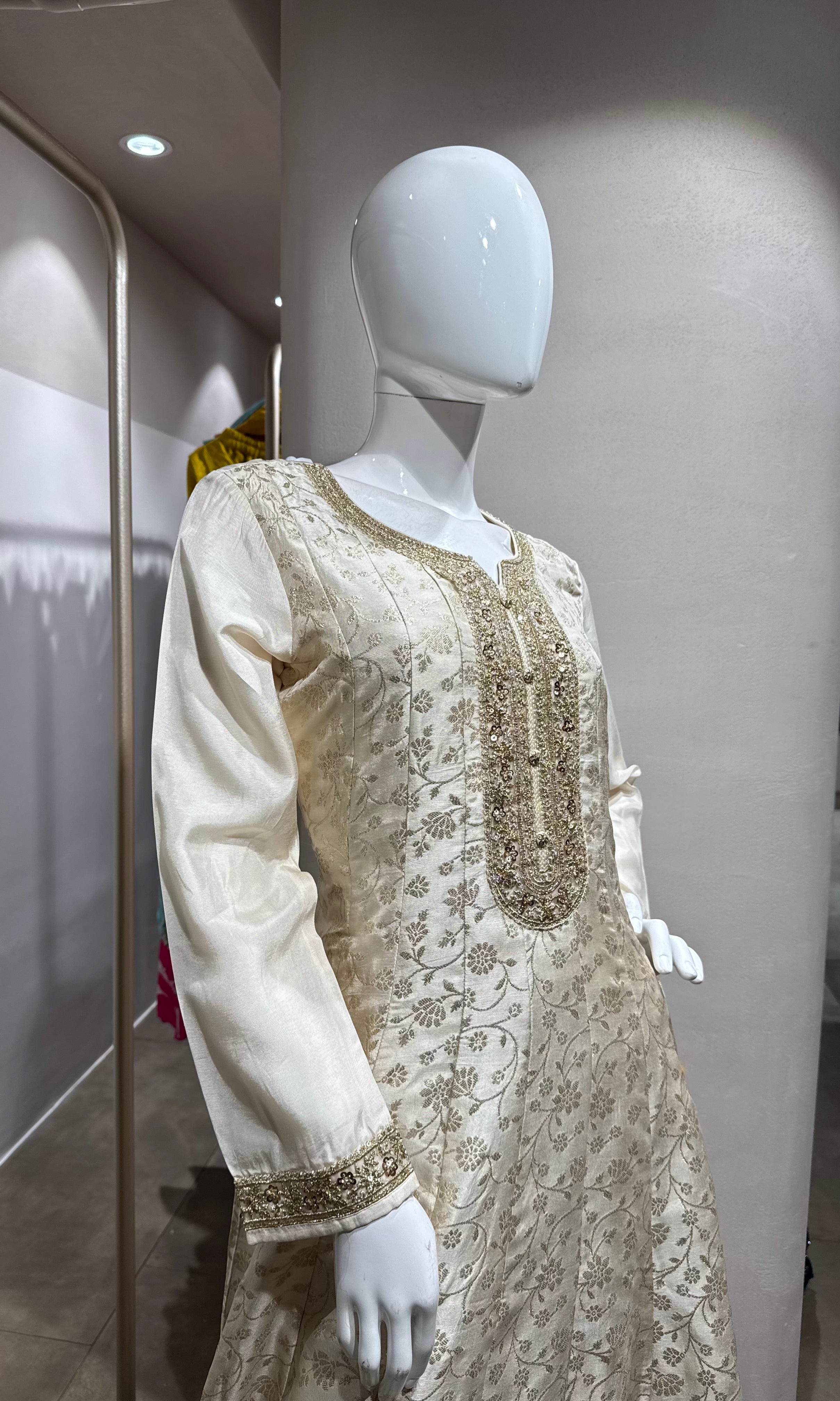 cream Banarasi silk anarkali set