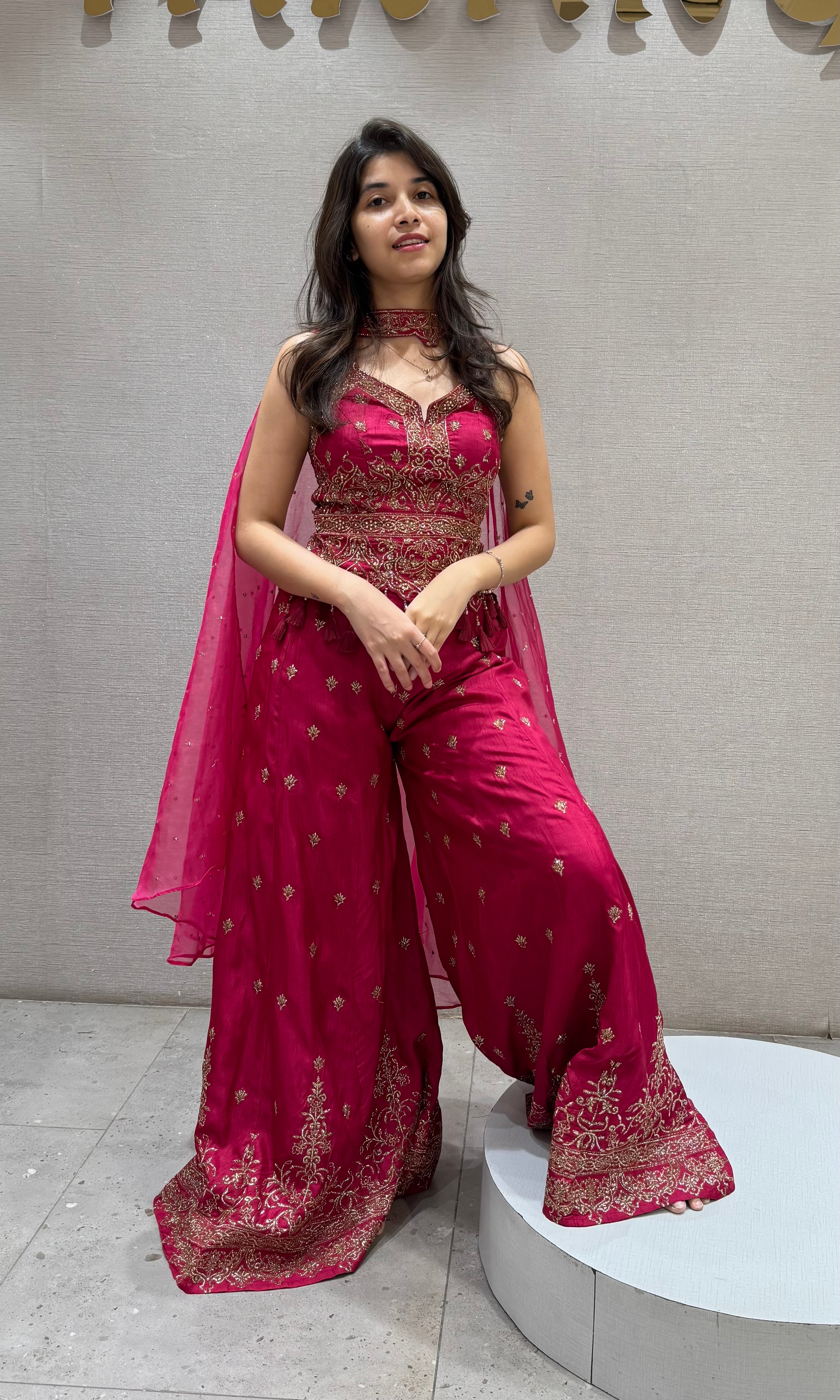 Fuchsia Pink Embroidered Peplum and Palazzo set