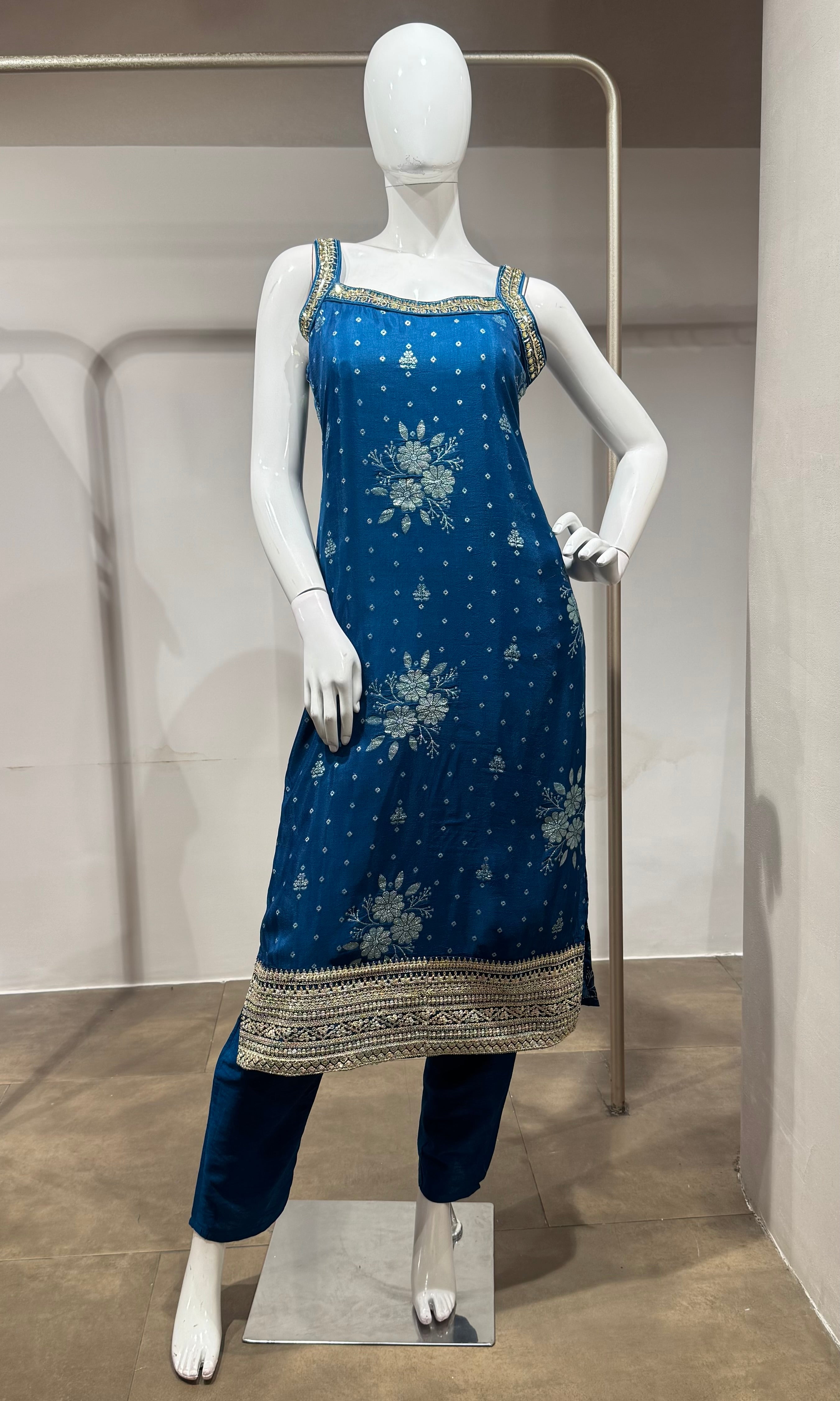 Blue golden floral kurta set