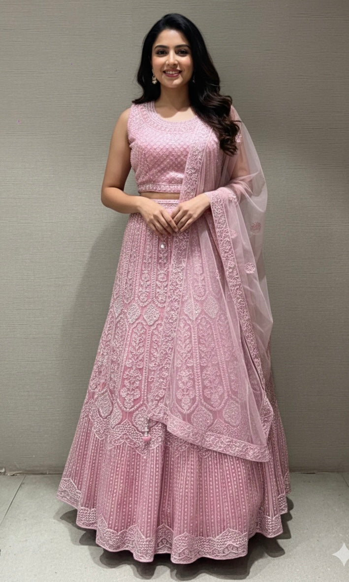blush pink net intricate embroidered Lehenga