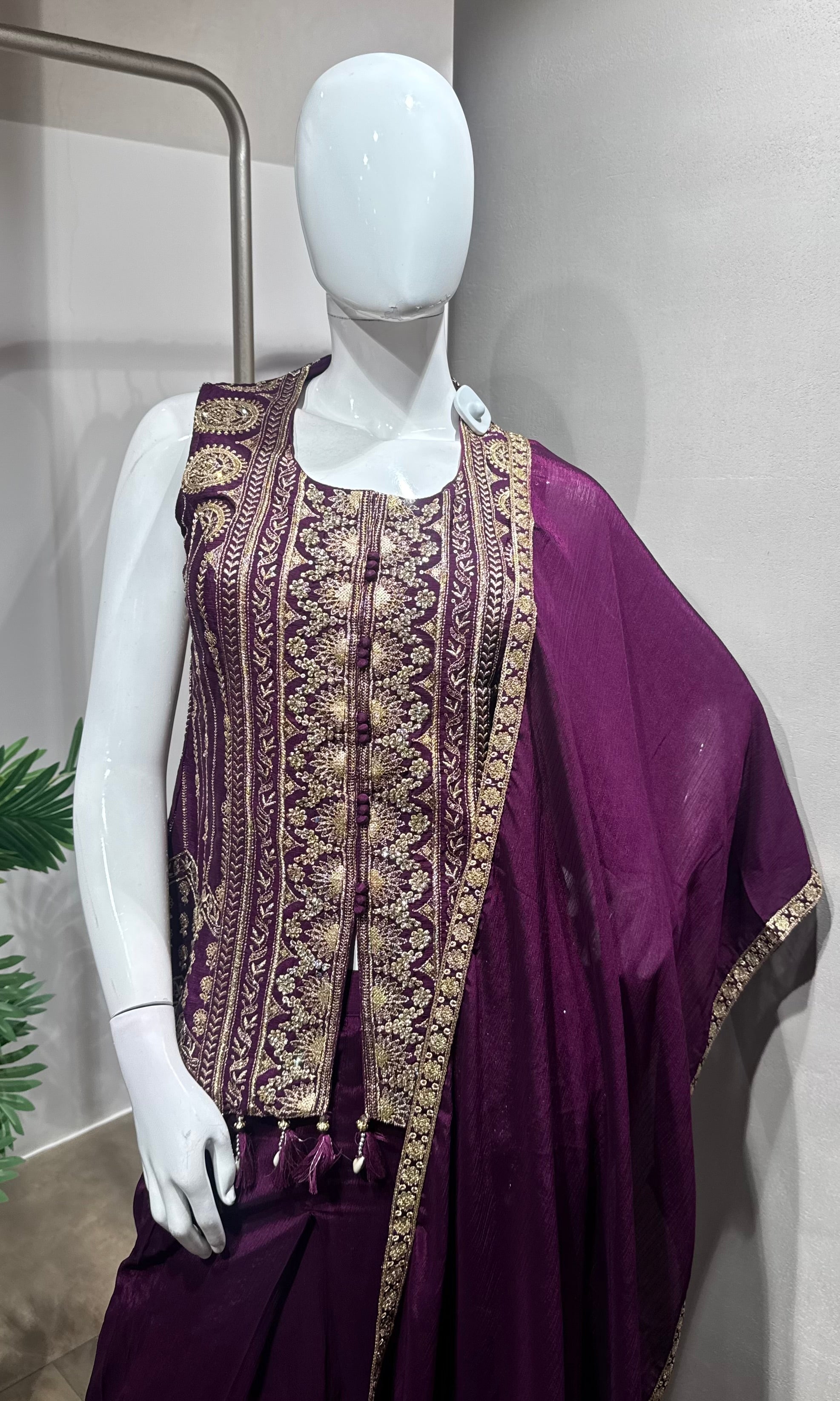 Wine Embroidered Indo-Western Palazzo set