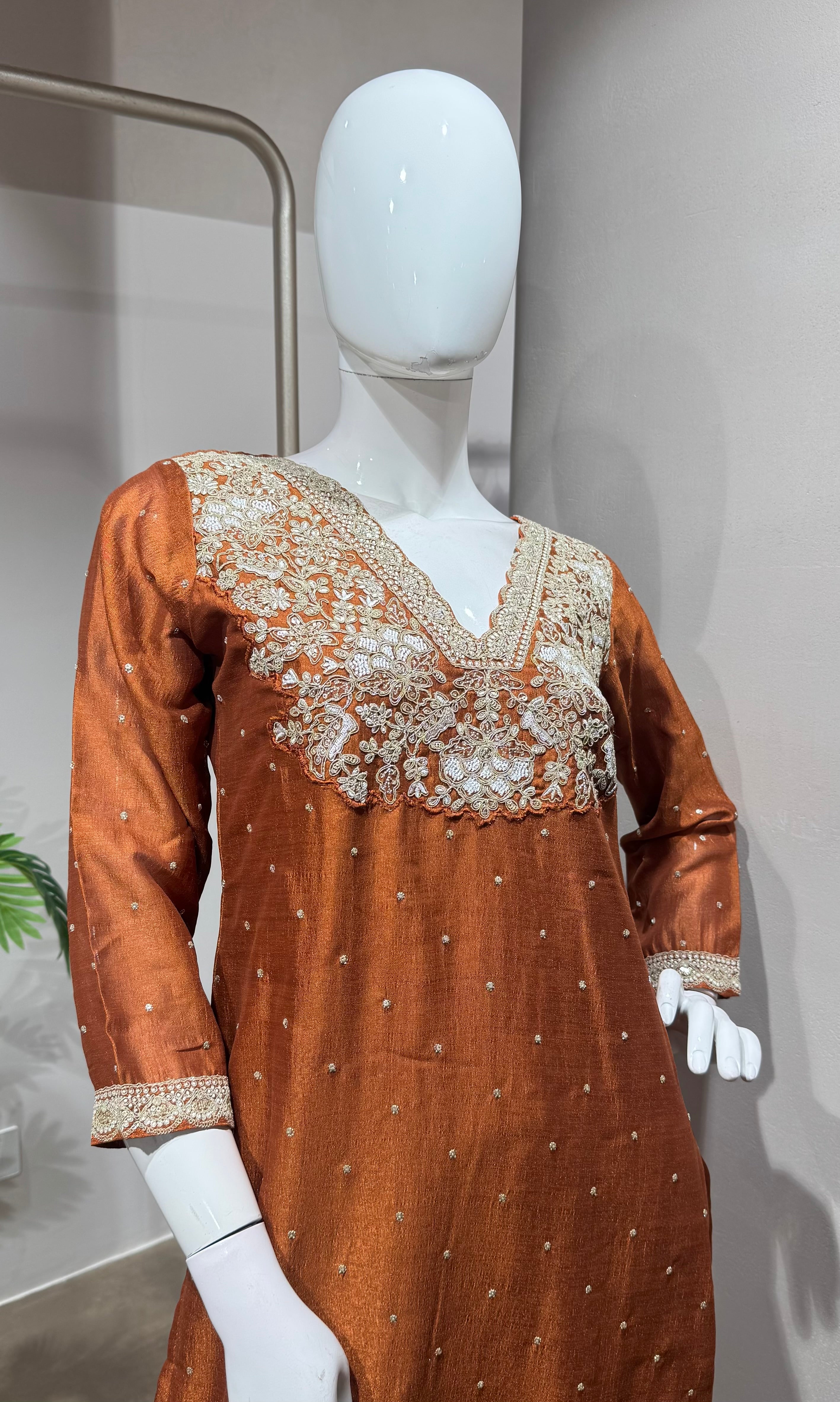 Rust golden embroidery kurta set
