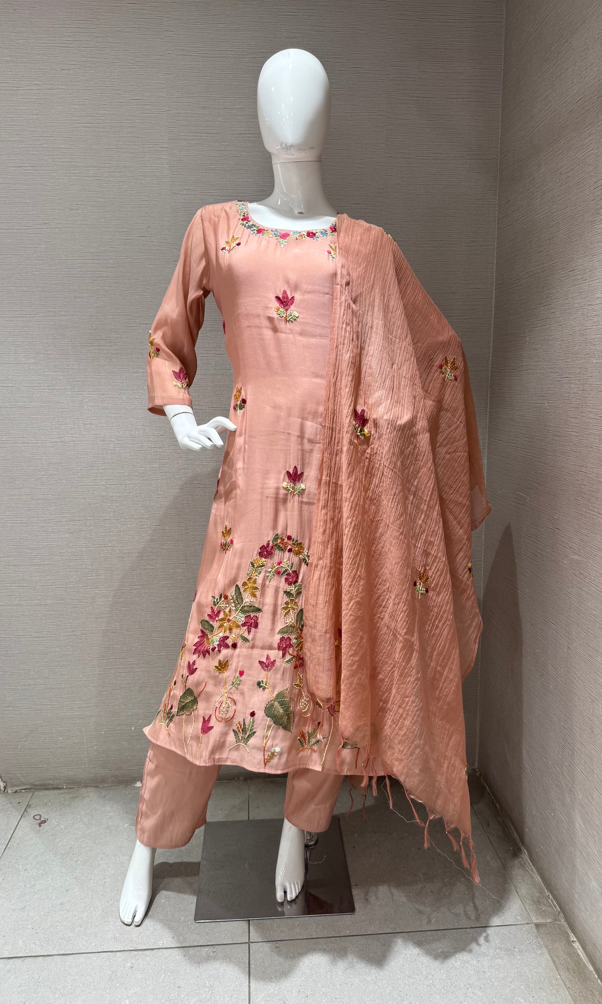 Peach Blossom Floral Embroidered Cotton Silk Kurta set